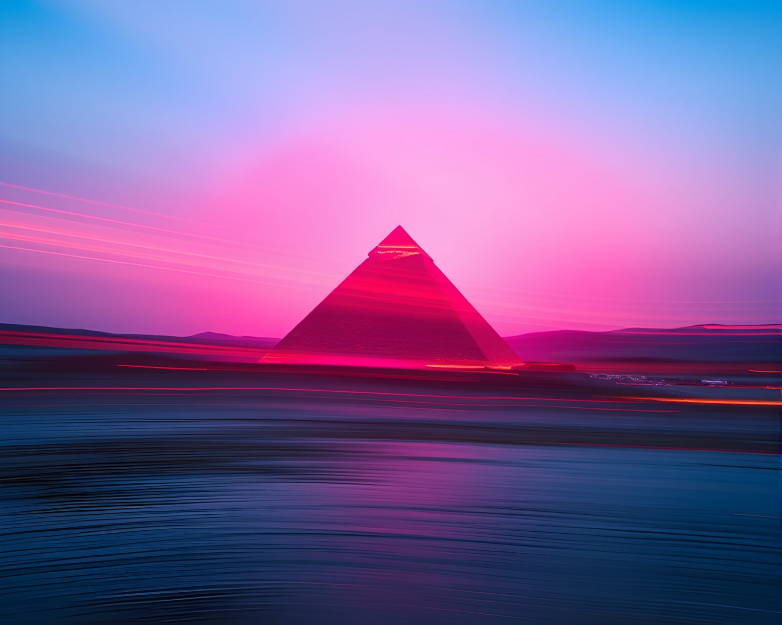 Vibrant neon-lit pyramid glowing in sunrise-pink motion blur