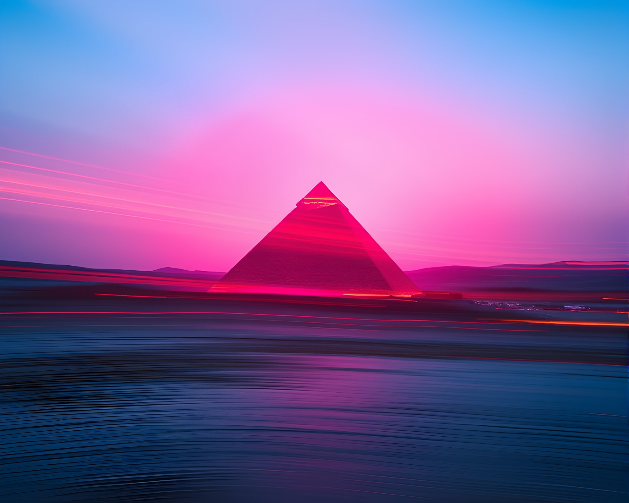 Neon Pyramid at Sunrise with Motion Blur Streaks – free AI stock image