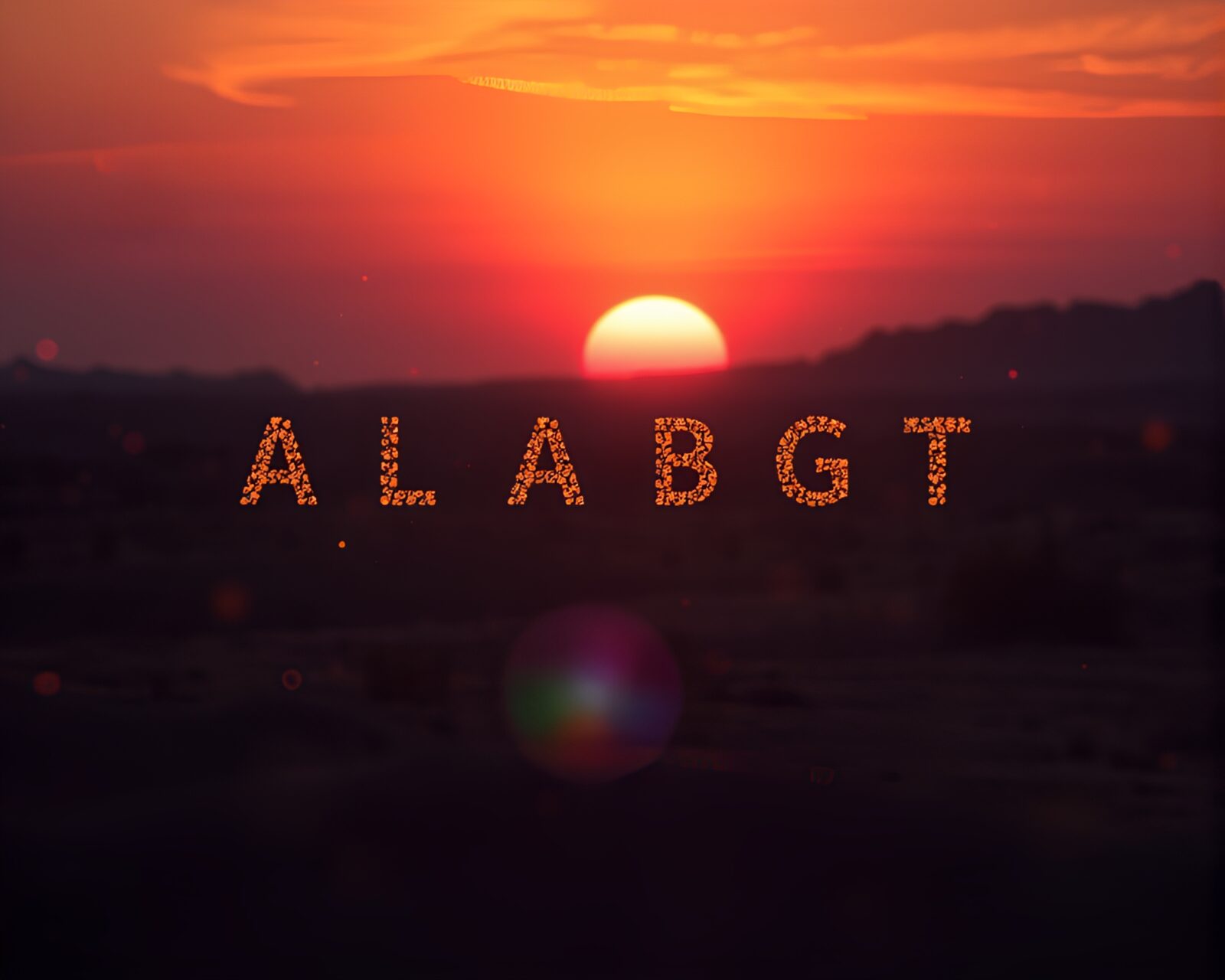 Floating runic particles under lens flare in desert sunset