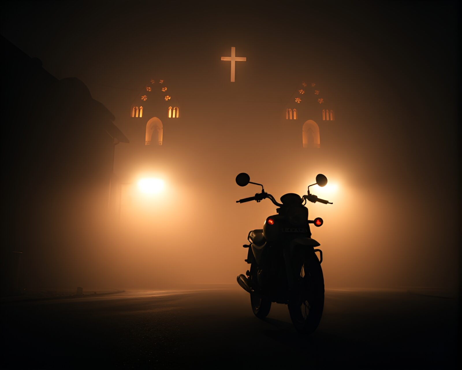 Dark motorcycle scene with candlelight in foggy church