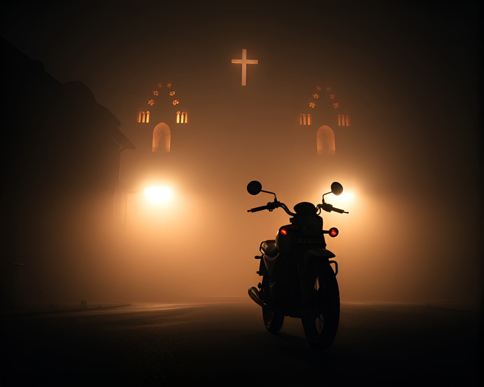 Motorcycle rider in misty church noir – free AI stock image