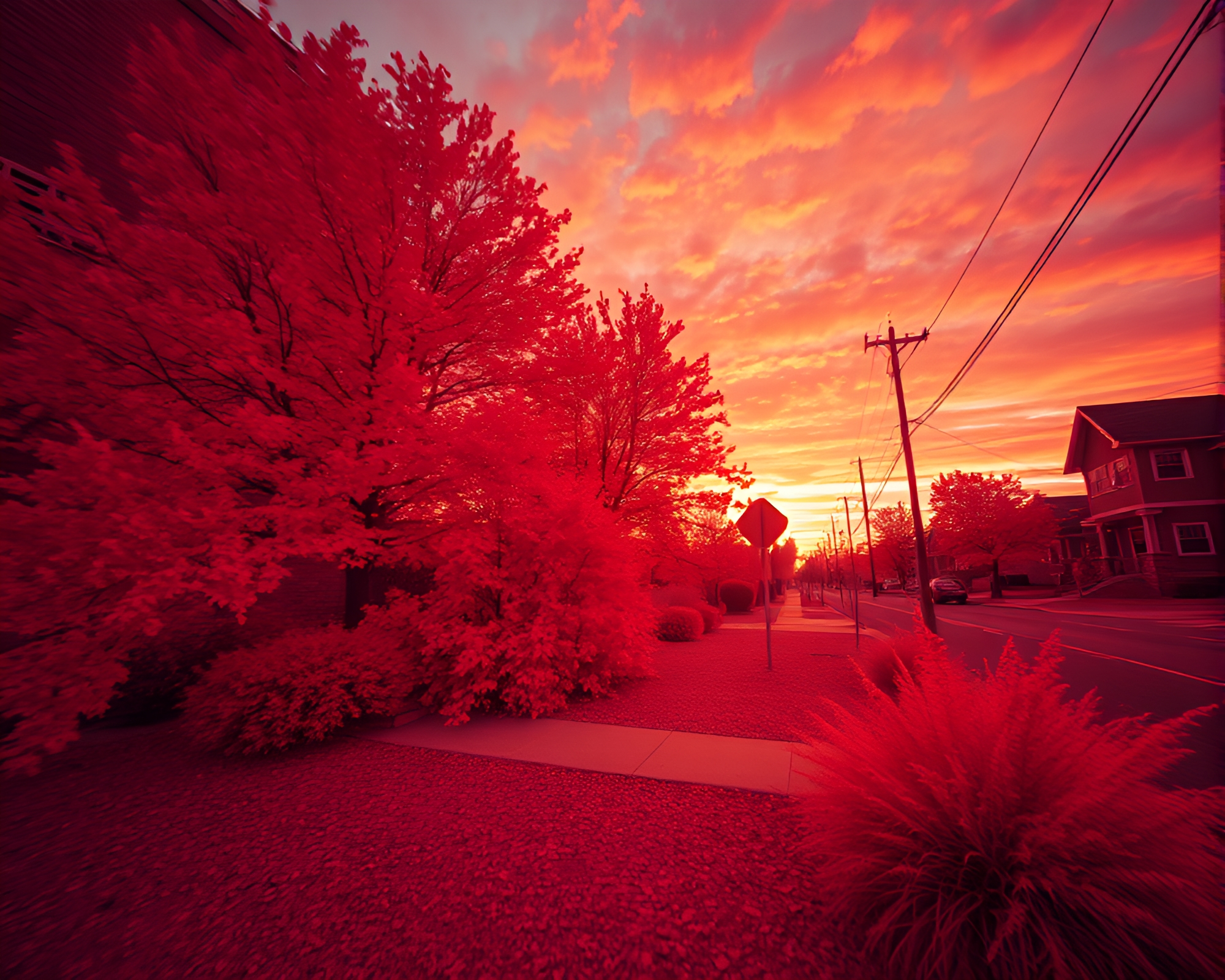 Infrared Sunset Drone Flight with Lens Distortion – free AI stock image