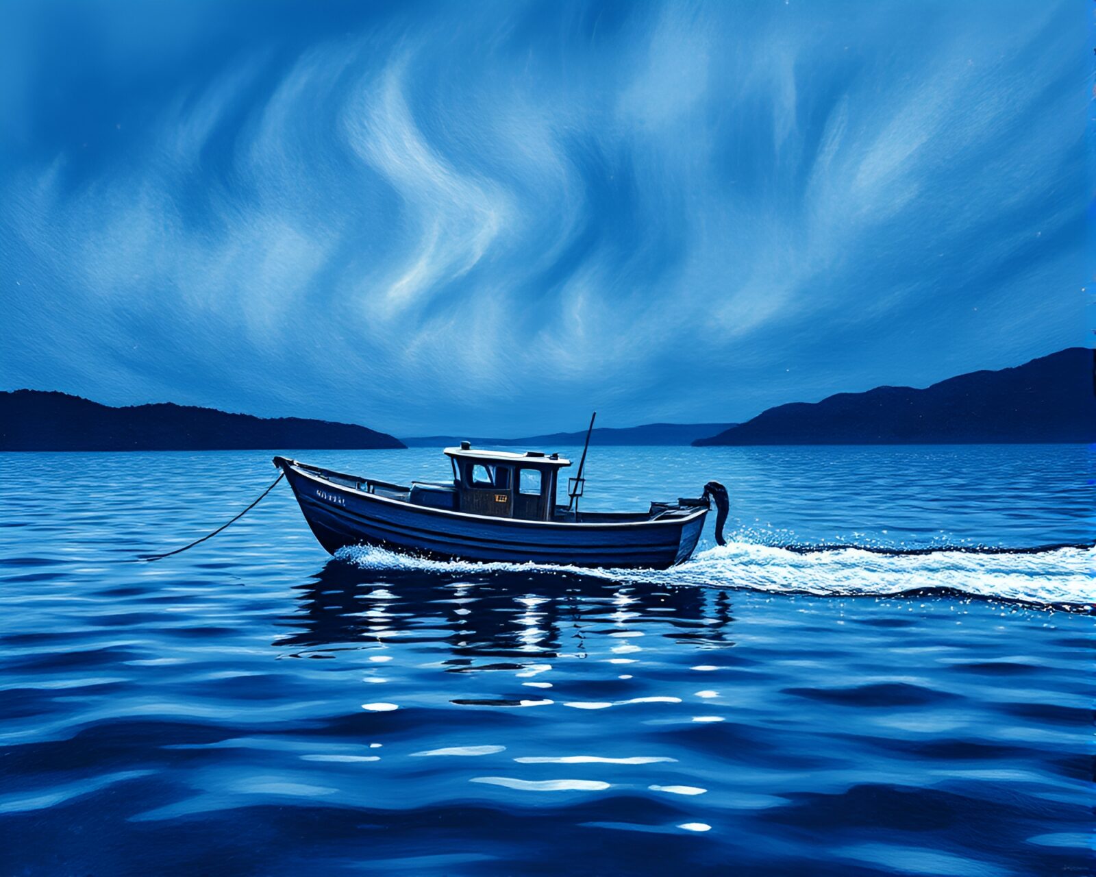 Indigo-toned close-up of hydrofoil boat in pointillism style