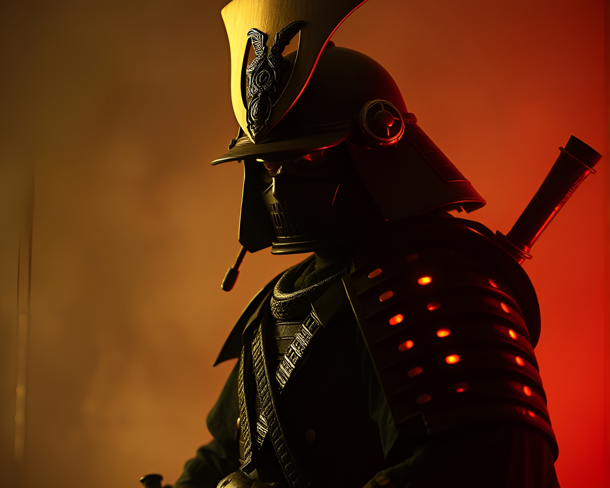 Samurai Warrior Embracing Olive Drab LED Light Leaks – free AI stock image