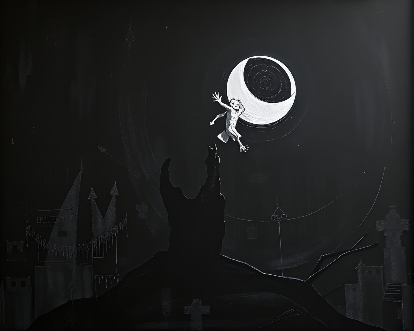 A surreal clockwork owl standing in eclipse shadow with chalk scrawls around