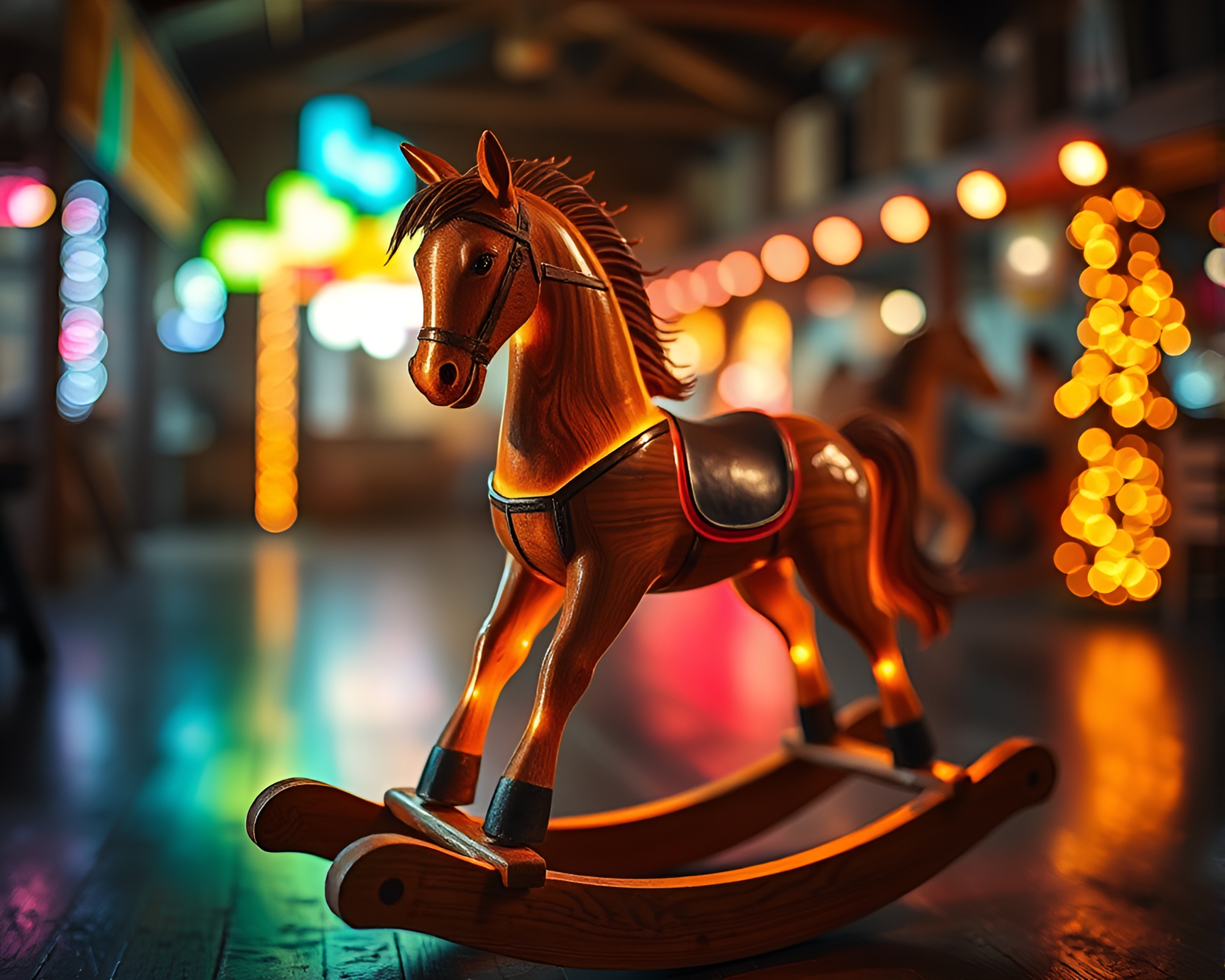 Neon Rocking Horse Distorted Lens Art – free AI stock image