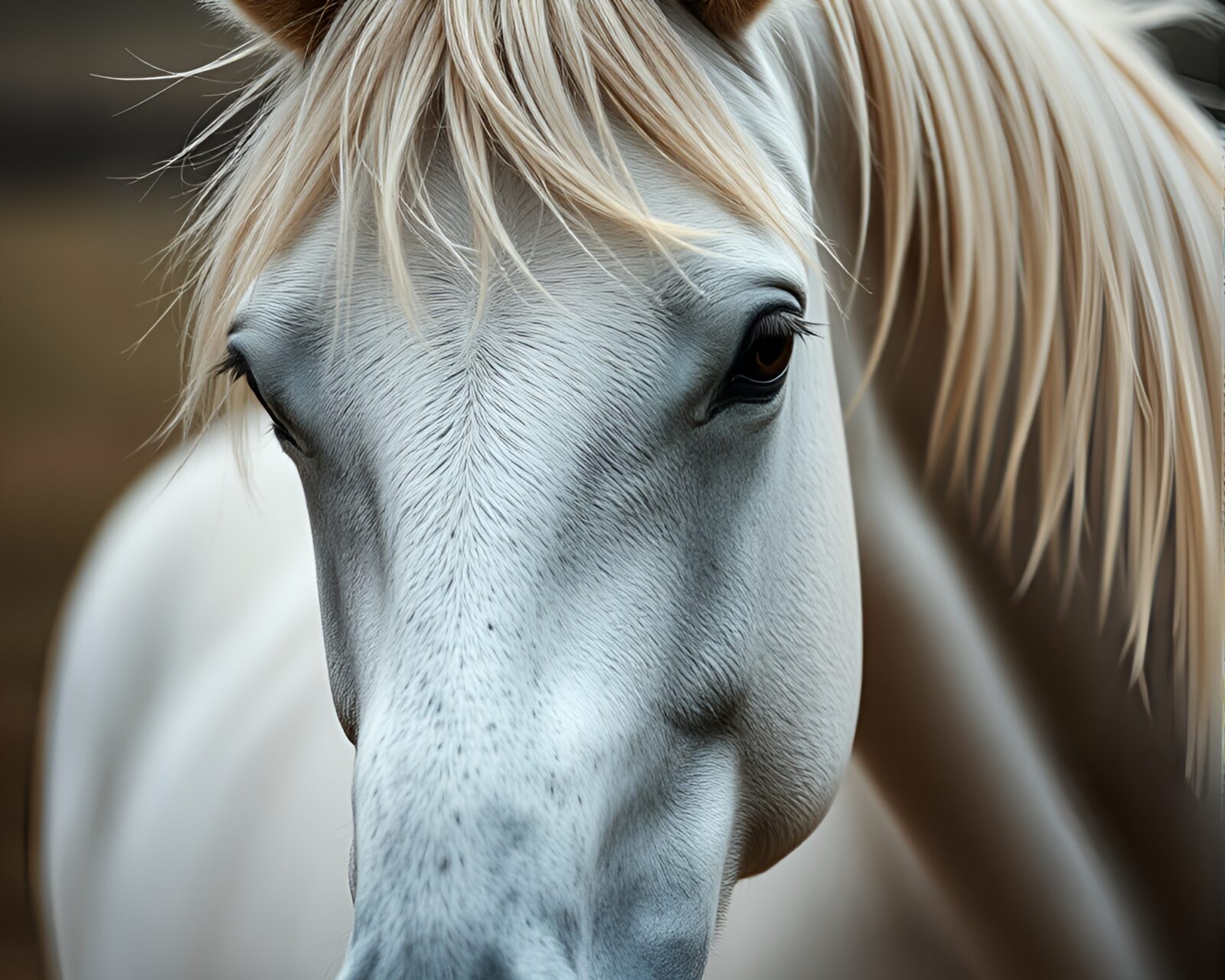 Close-up detailed image of an ivory white wild stallion