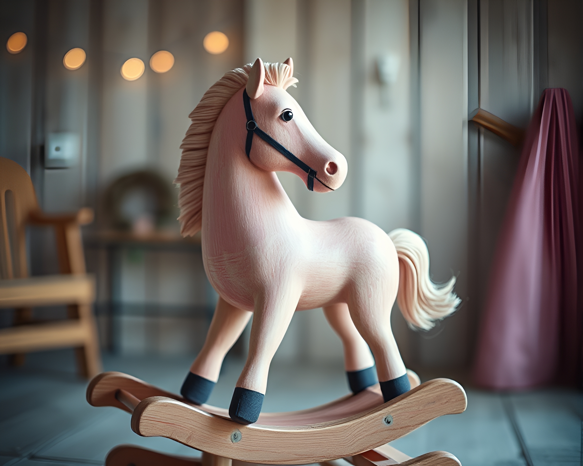 Dreamy wooden rocking horse in blush pink chromatic aberration – free AI stock image