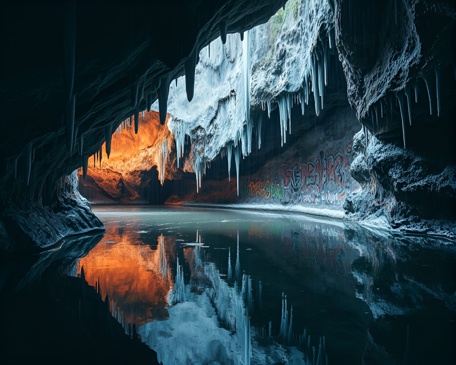 Vibrant graffiti art melting into icy cave walls with reflections