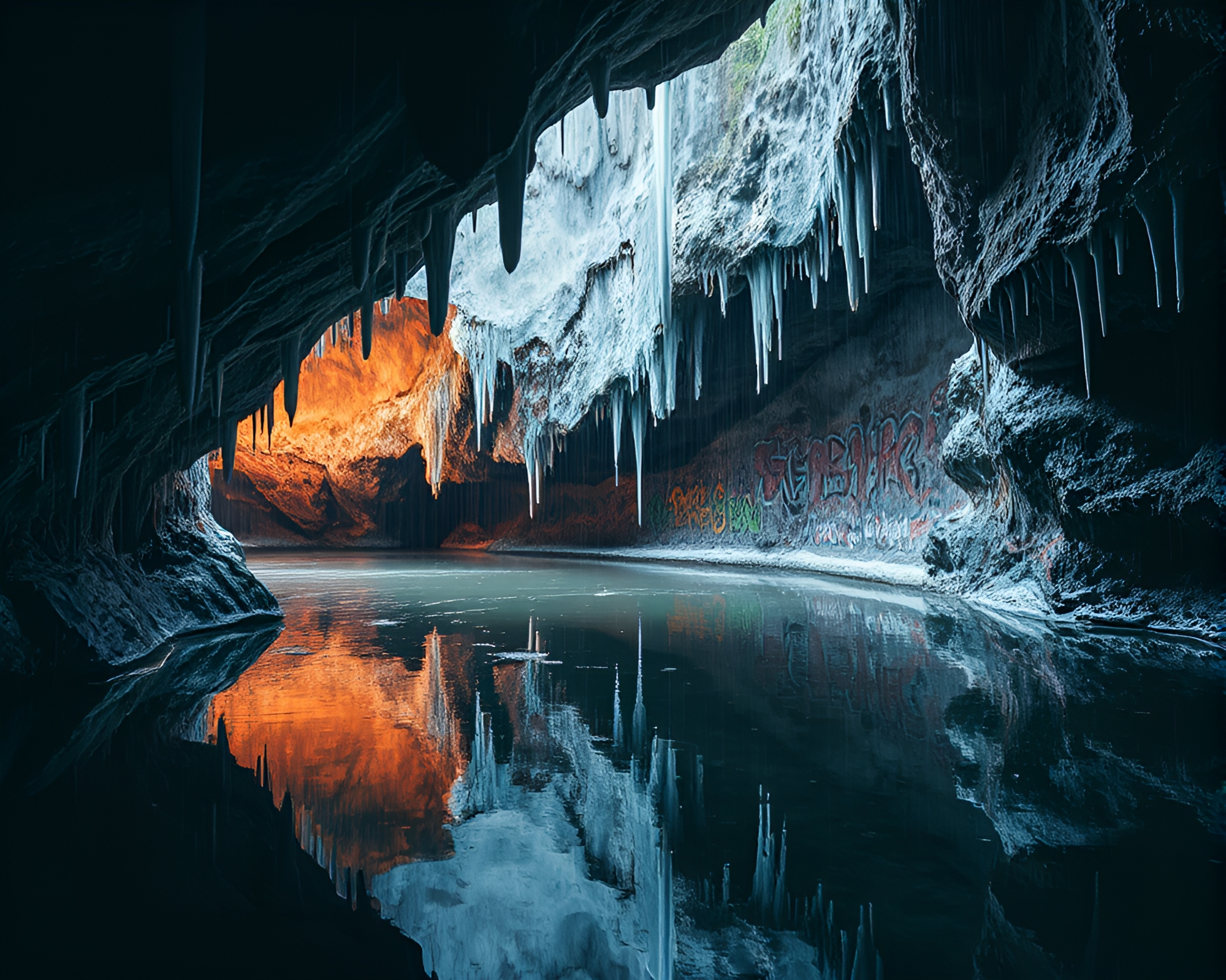 Graffiti Drips in Glacial Cave: Rainy Reflections – free AI stock image
