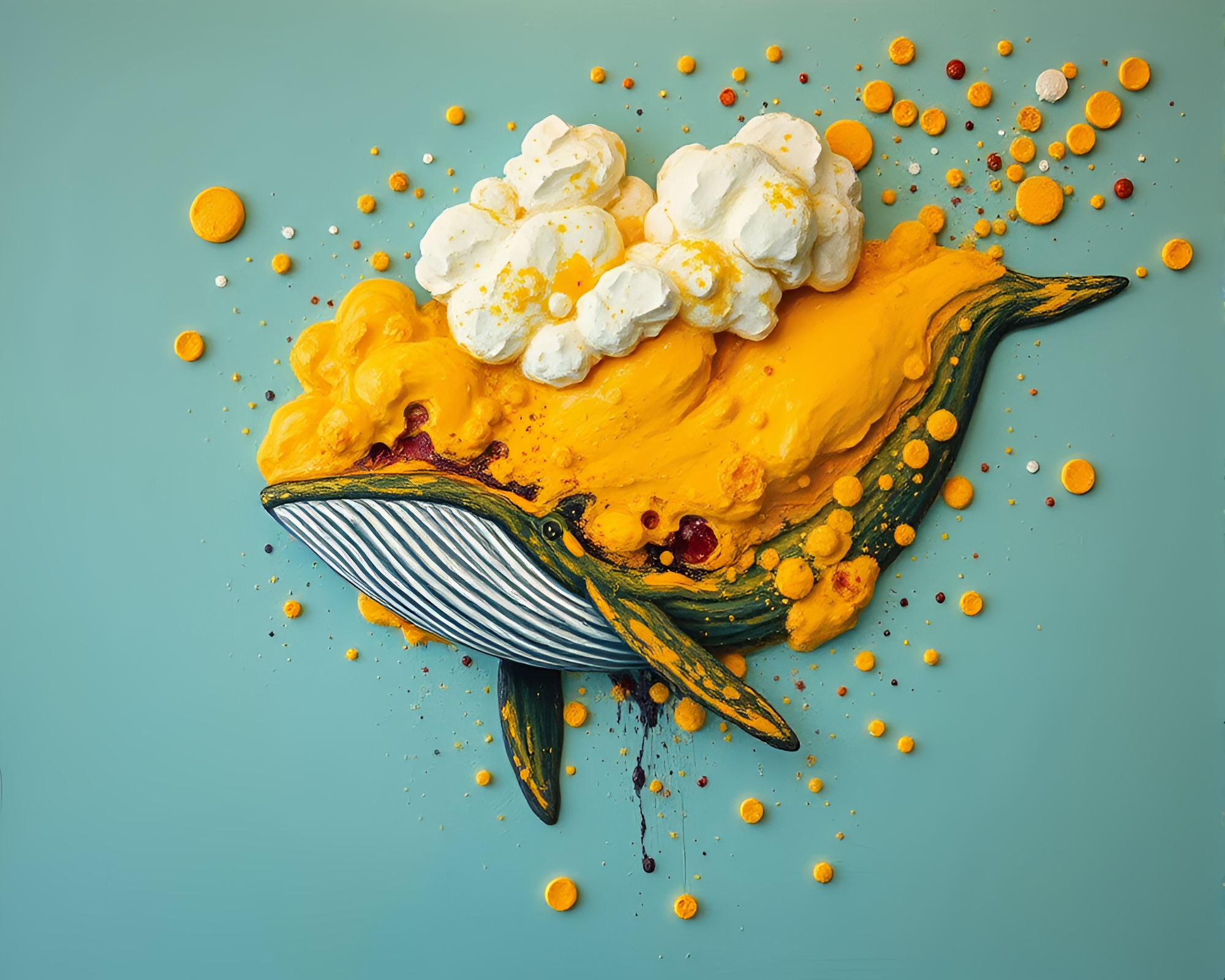 Encaustic Whale Soaring Through Mustard Explosion Clouds – free AI stock image