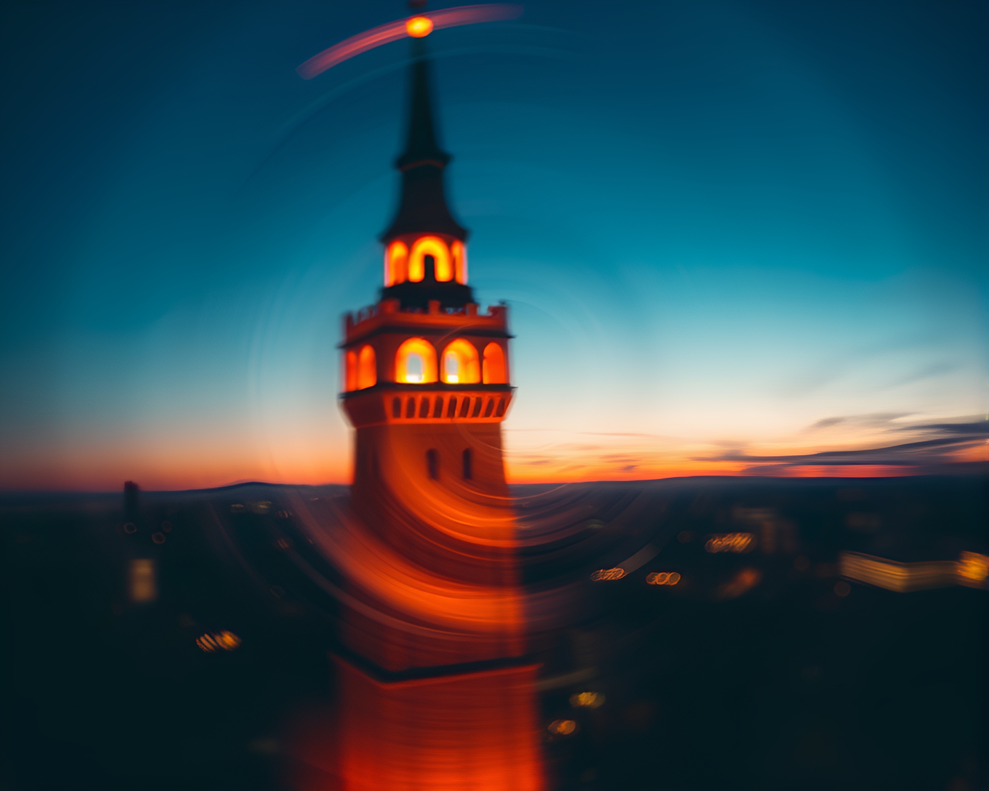 Twilight Tower Blueprint in Lens Distortion Swirl – free AI stock image
