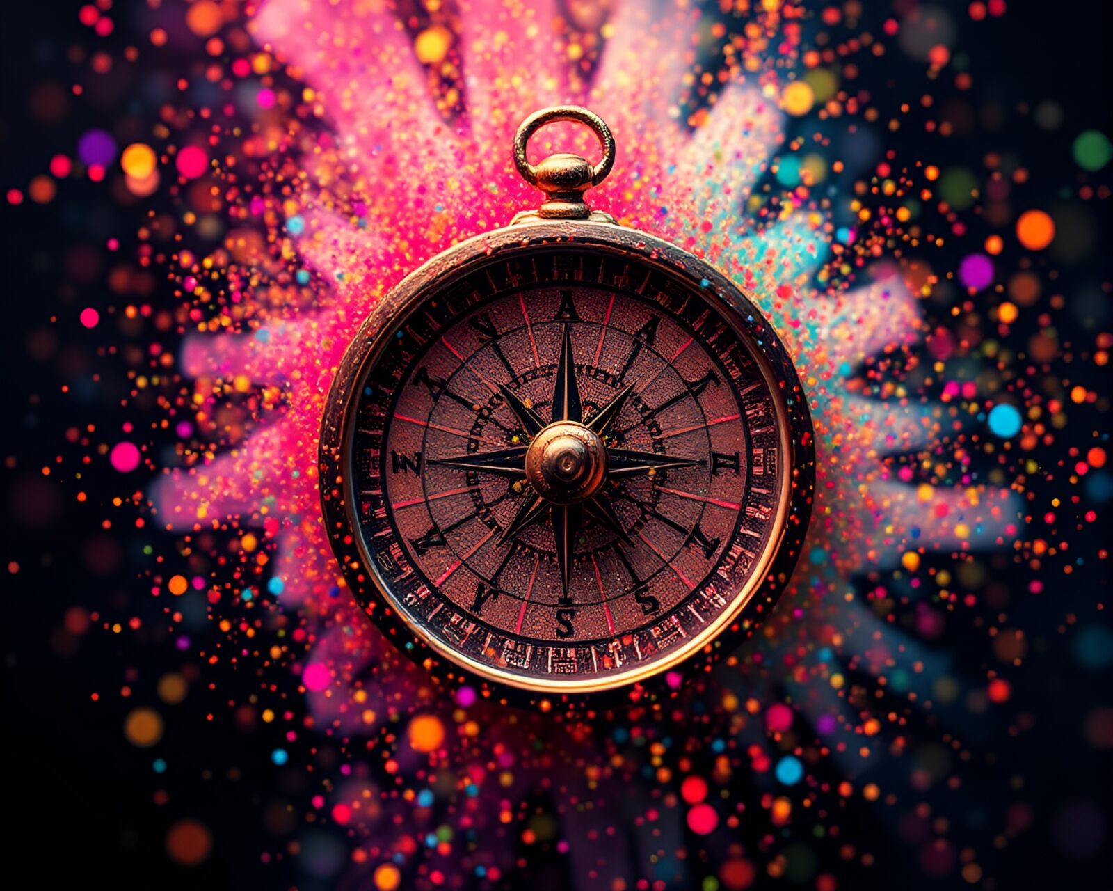 Vibrant pixelated compass surrounded by swirling colorful confetti