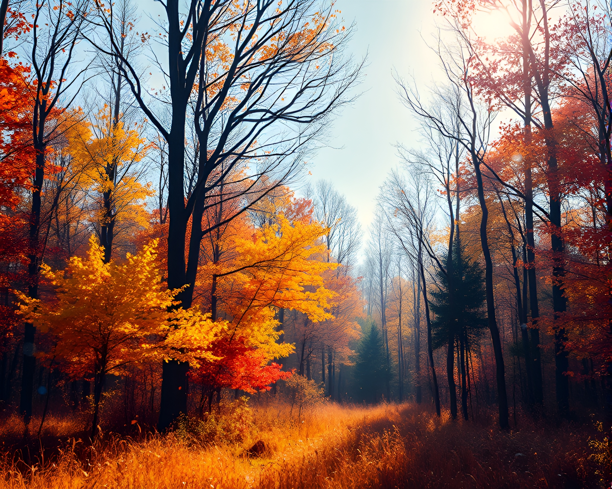 Autumn Hologram Forest with Light Streaks – free AI stock image