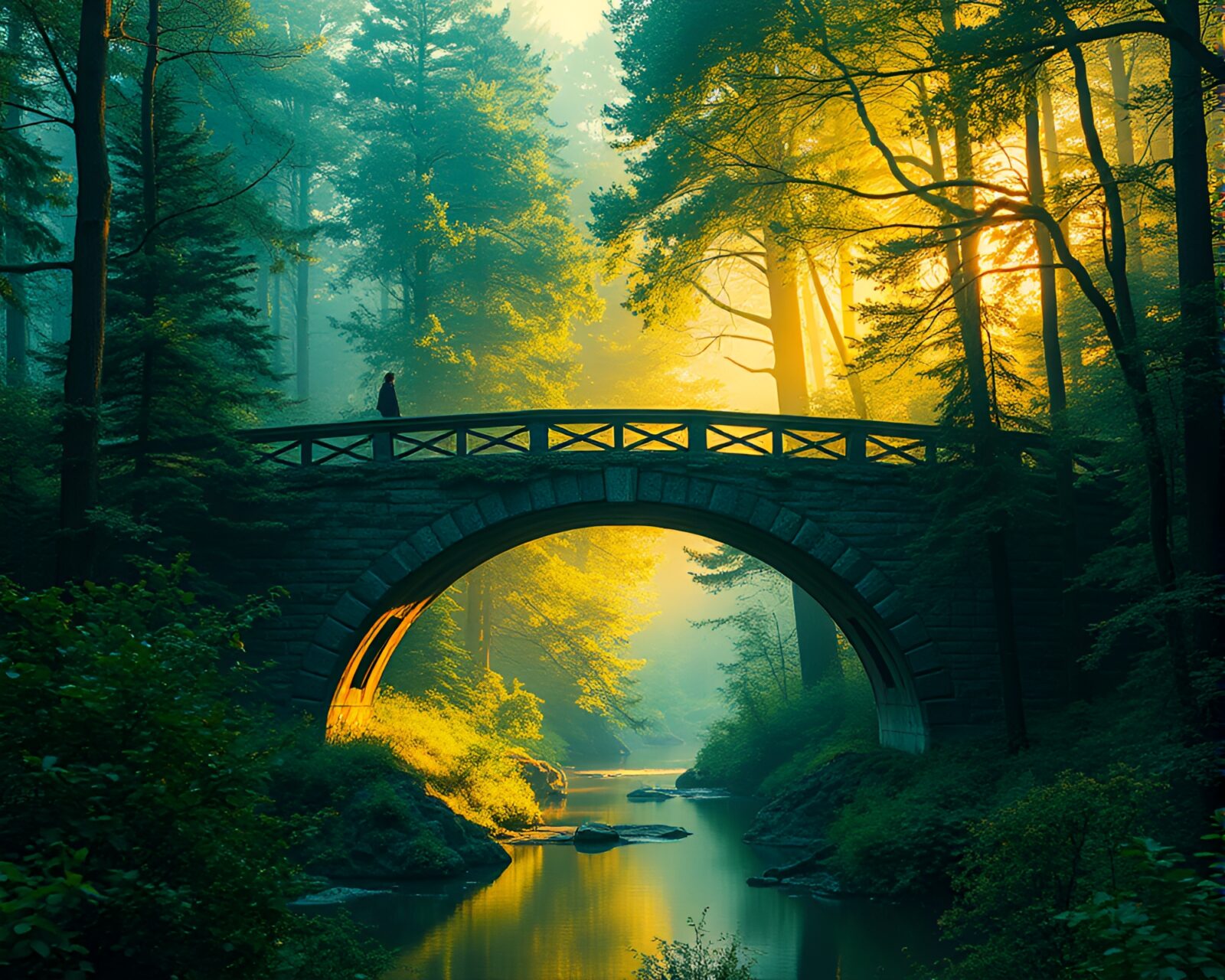 Golden hour view of glitched arch bridge in mystical woods