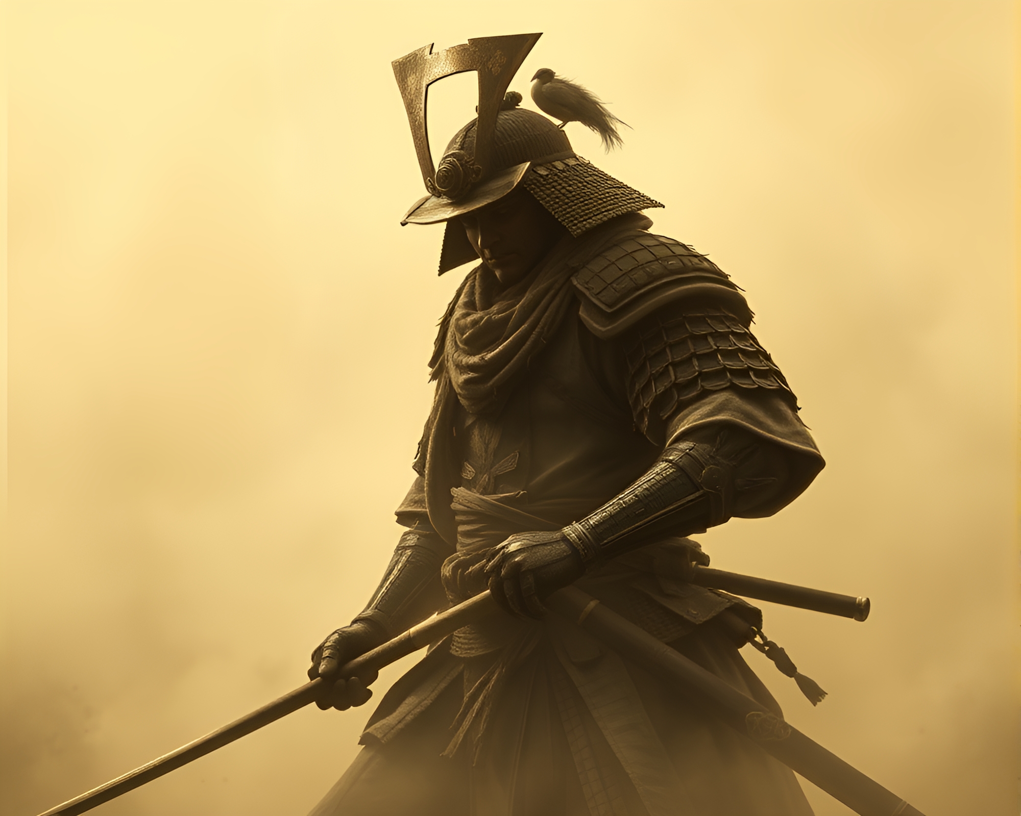 Samurai warrior in foggy sepia concept art – free AI stock image