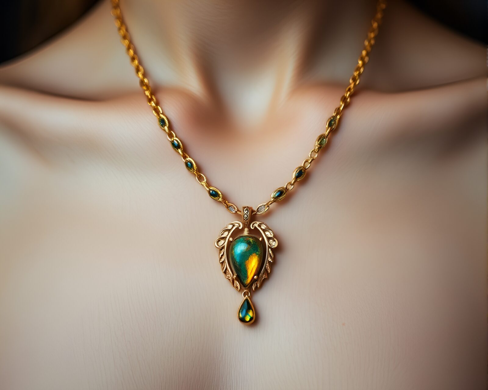 Chromatic aberration necklace on savannah with golden light
