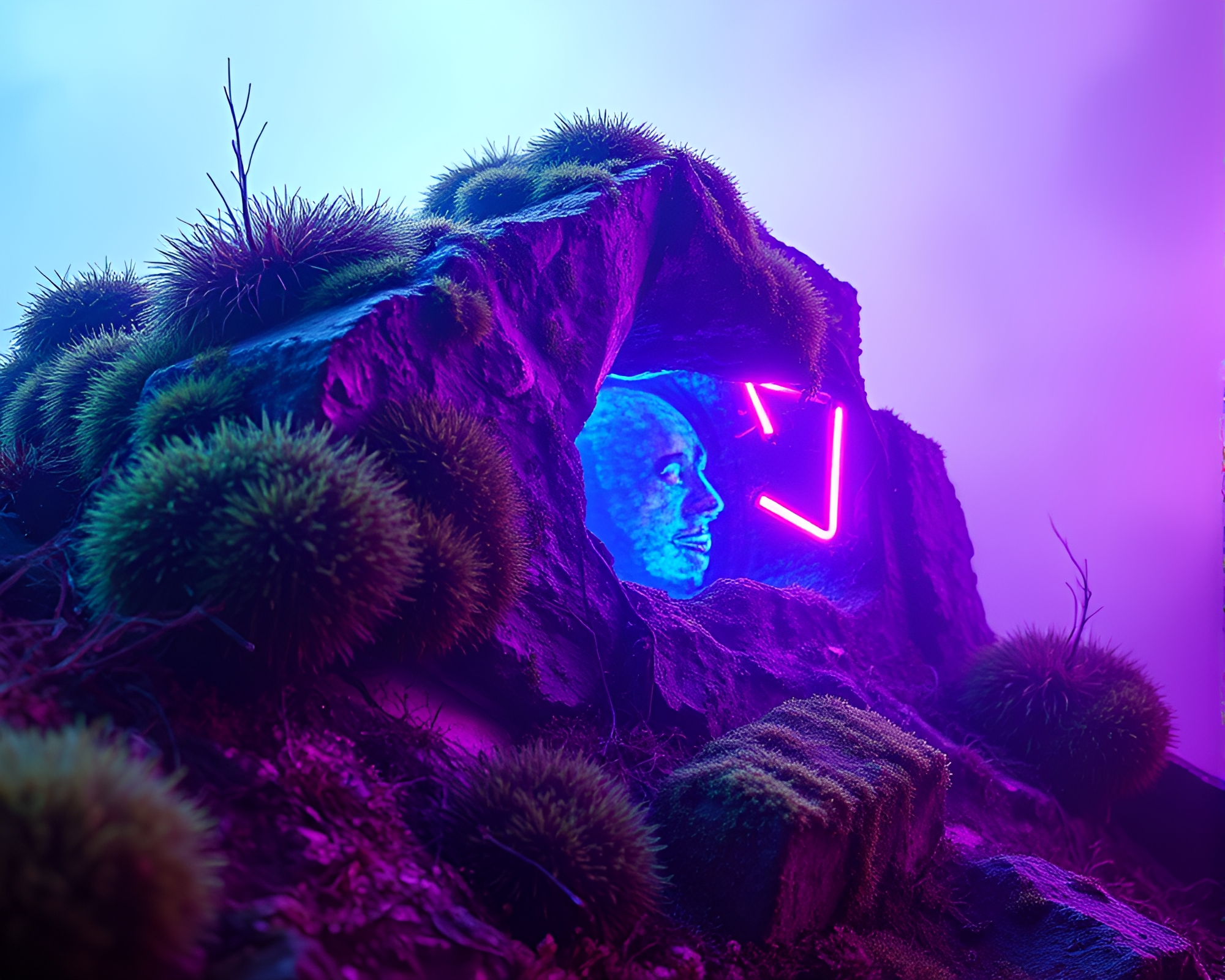 Mystical Moss-Covered Rock with Neon Graffiti Hatching Pattern – free AI stock image