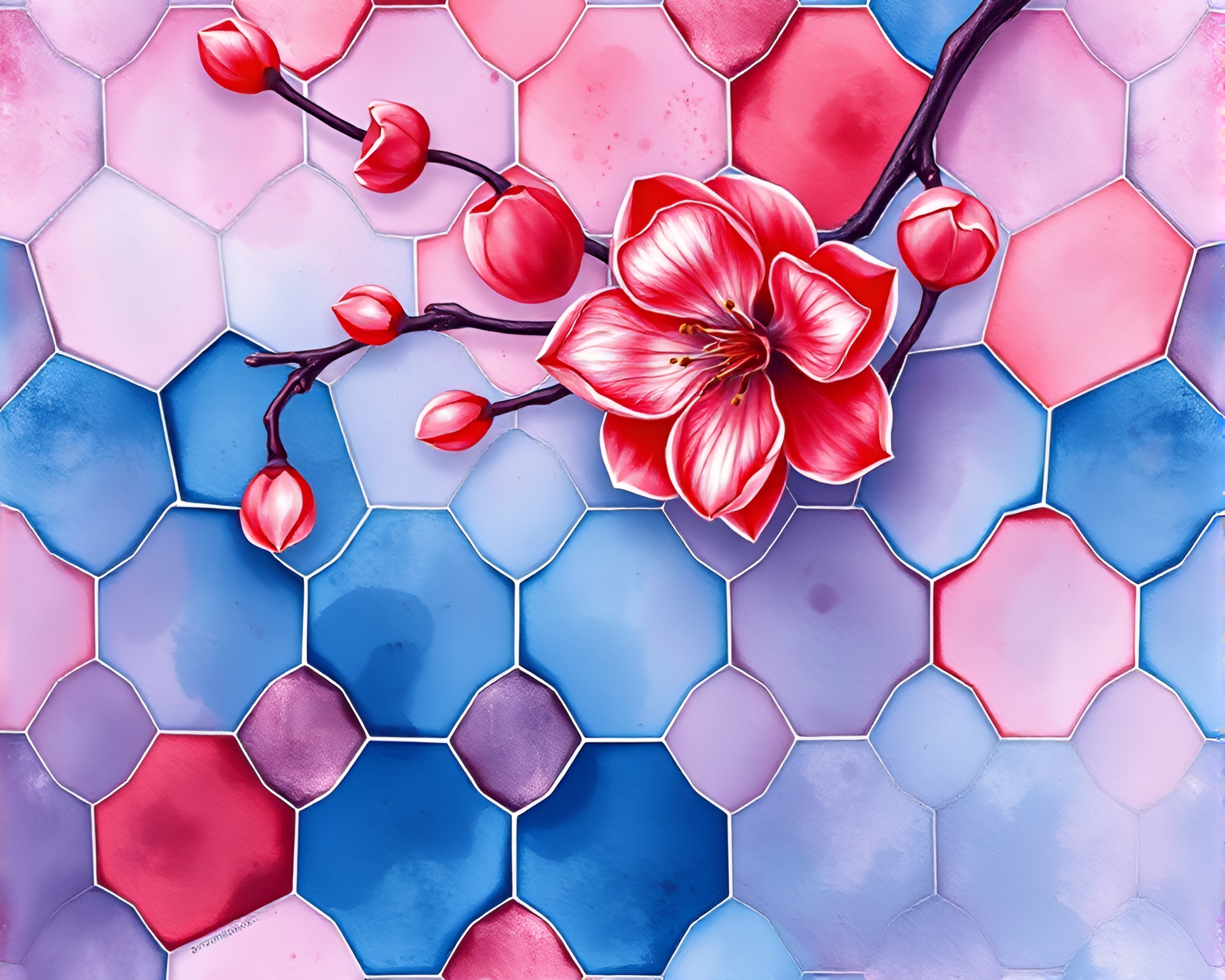 Spring Blossom Watercolor Hexagonal Tiling Composition – free AI stock image