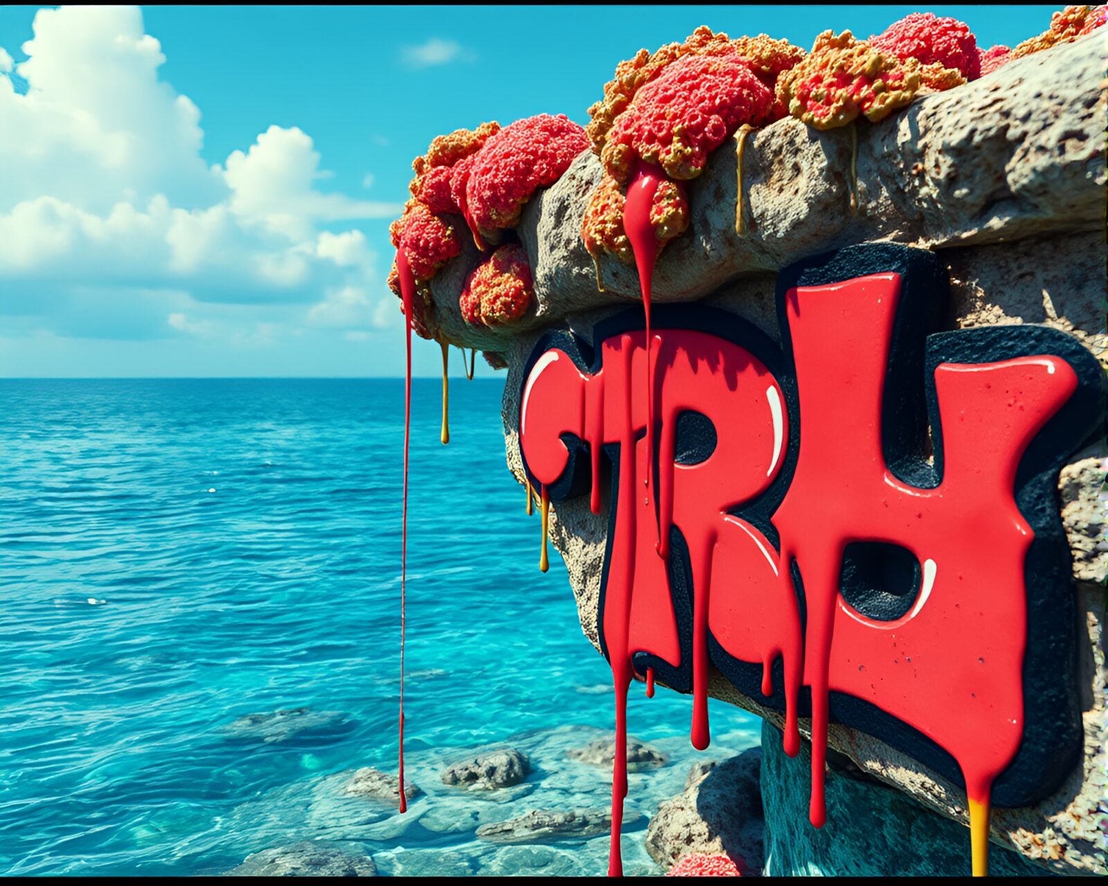 Colorful coral reef with dripping graffiti in CGI art style