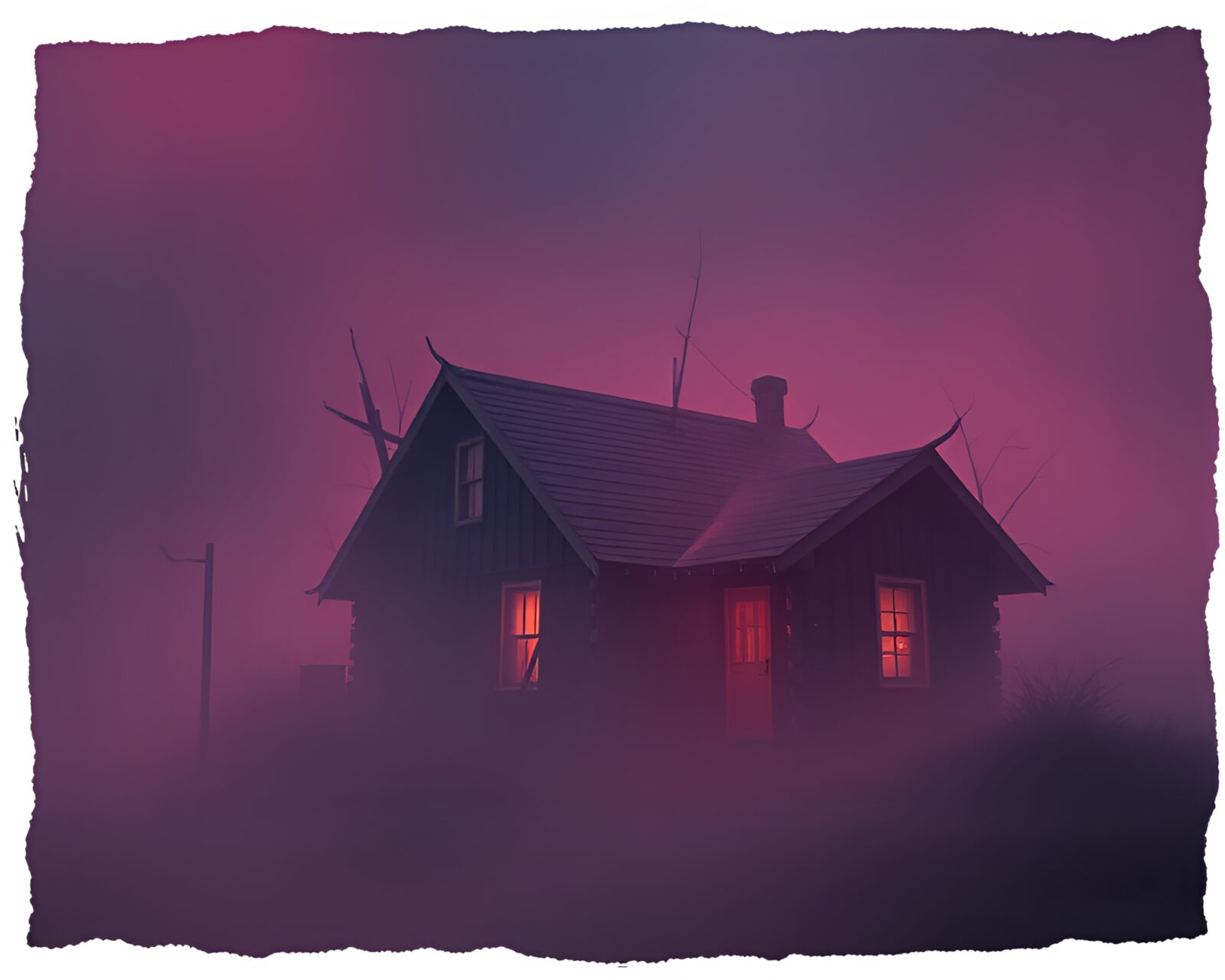 An eerie, foggy scene with a dwarf in a retrowave style setting surrounded by torn edges