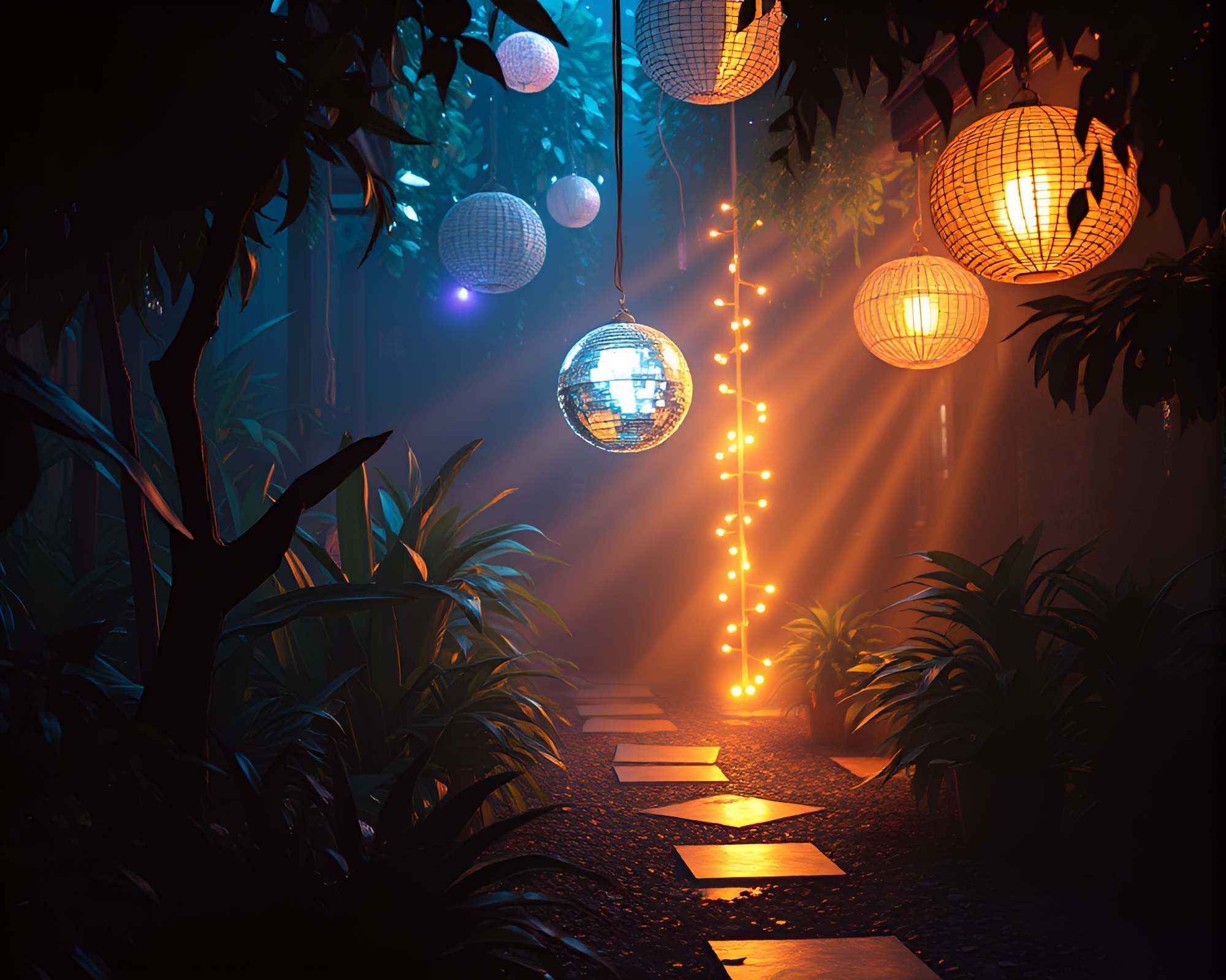 Torn Paper Zen Garden under Disco Ball Light – free AI stock image