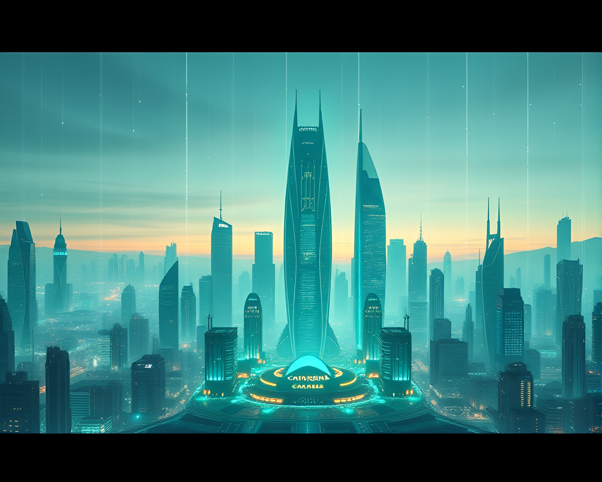 Teal Serenity: Futuristic Data City Center Composition – free AI stock image