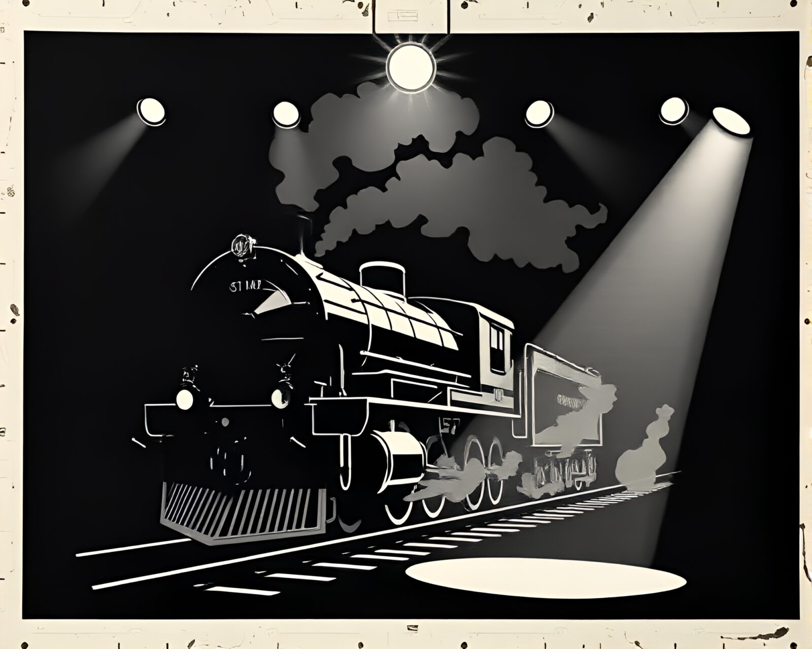A dramatic scene of a steam locomotive surrounded by artistic frames and spotlights