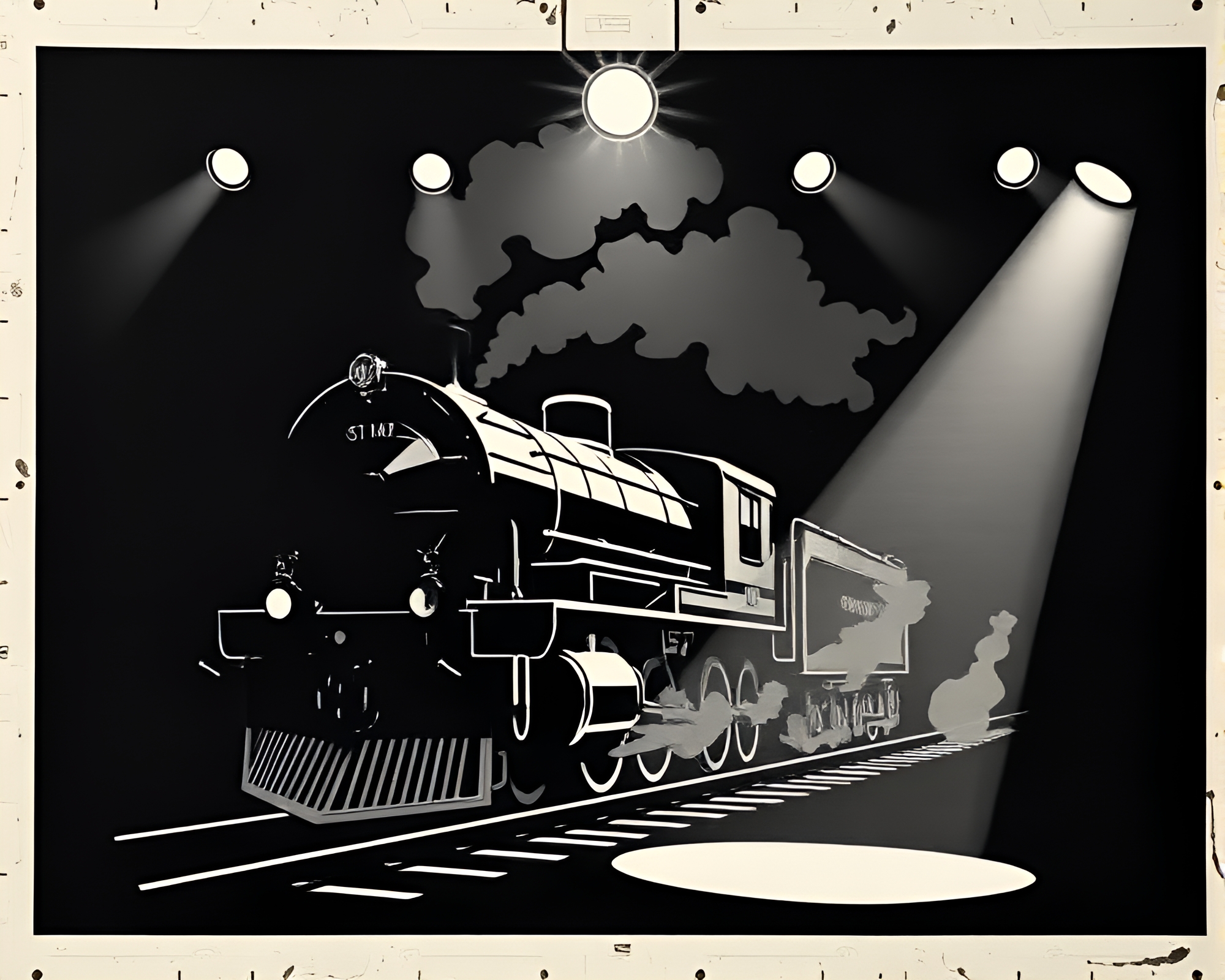 Vintage Steam Locomotive Stencil Art Spotlight Composition – free AI stock image