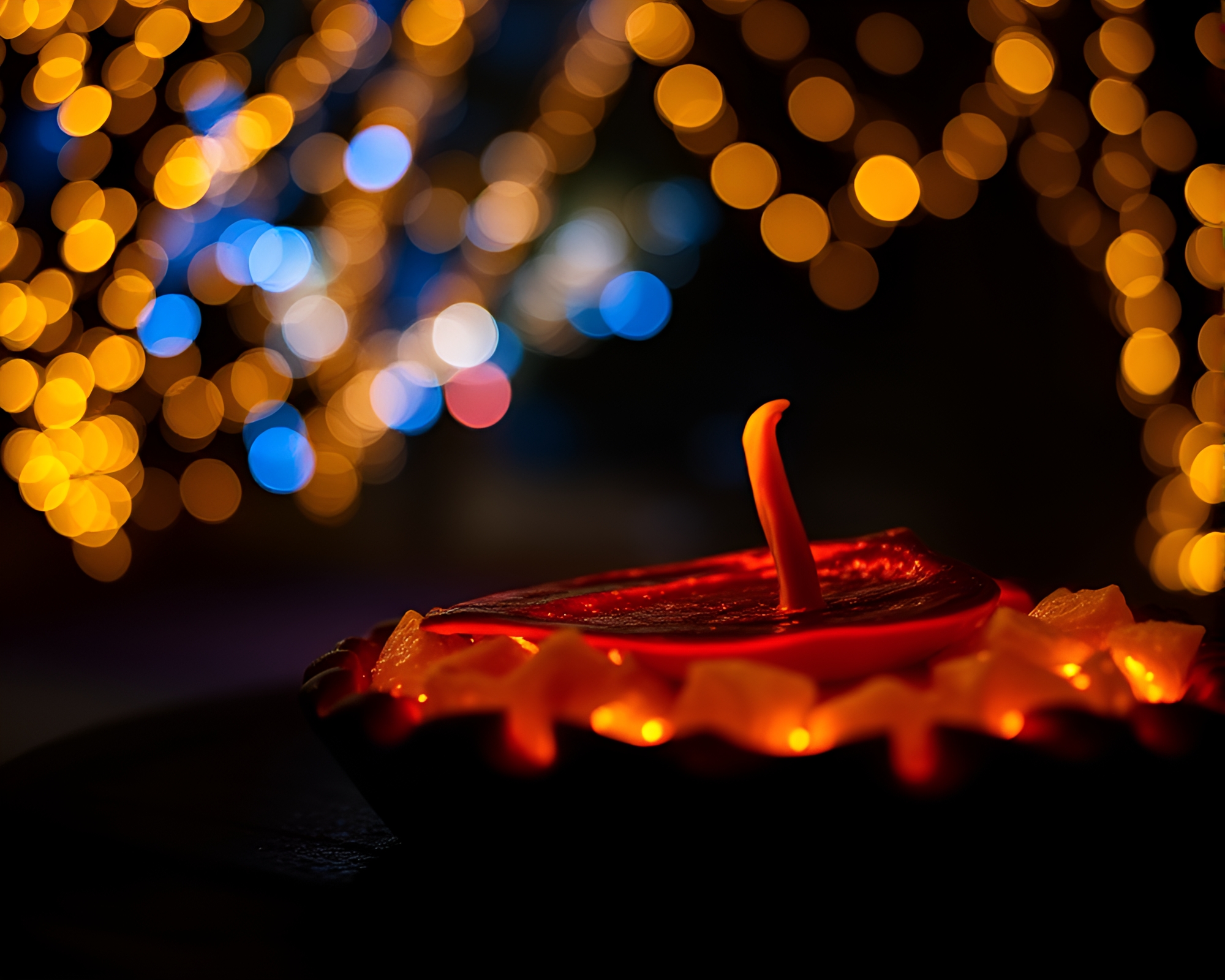 Pumpkin Pie Illuminated by Fiber Optic Bokeh Lights – free AI stock image
