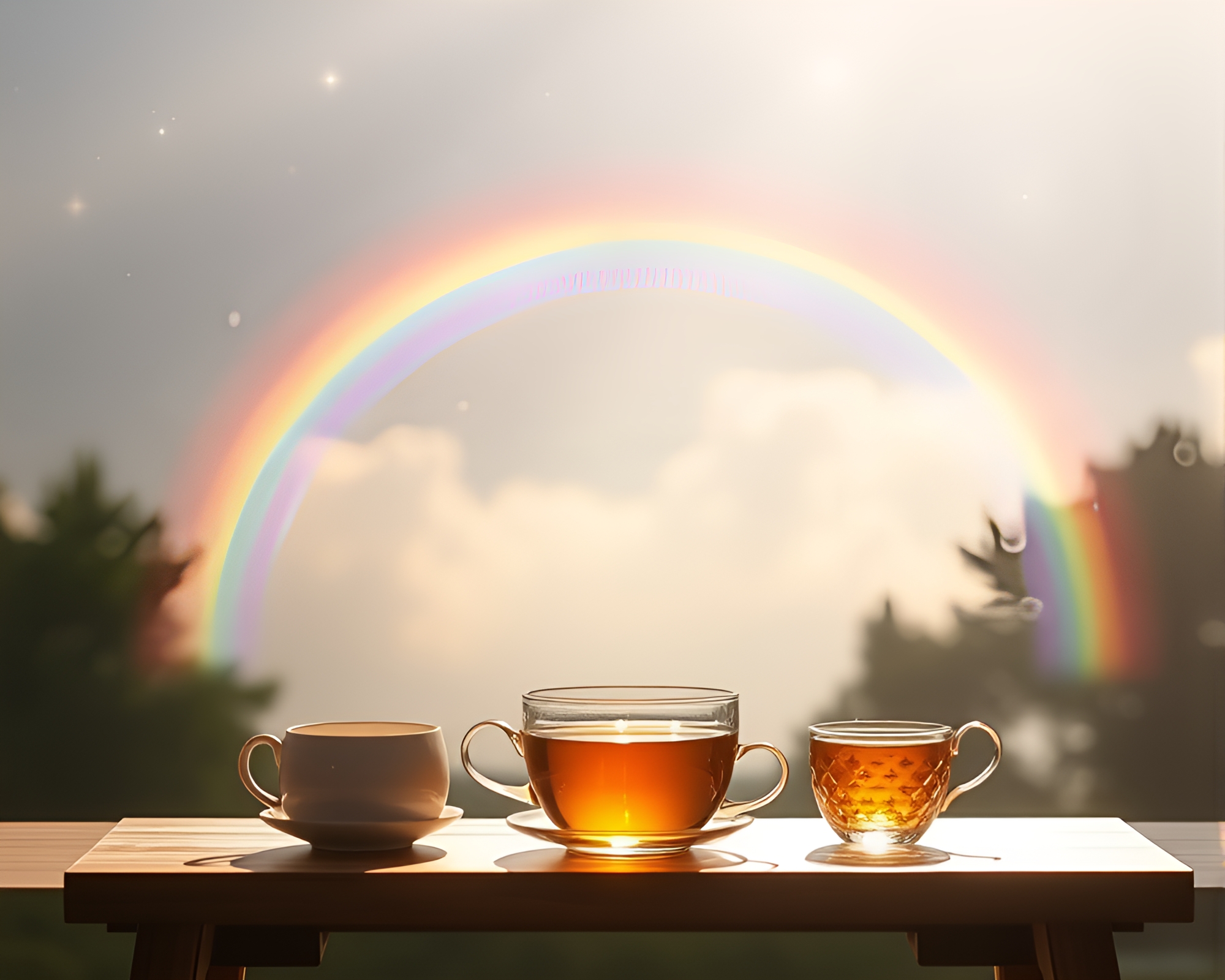 Cosmic Tea Set in Framed Rainbow Light – free AI stock image