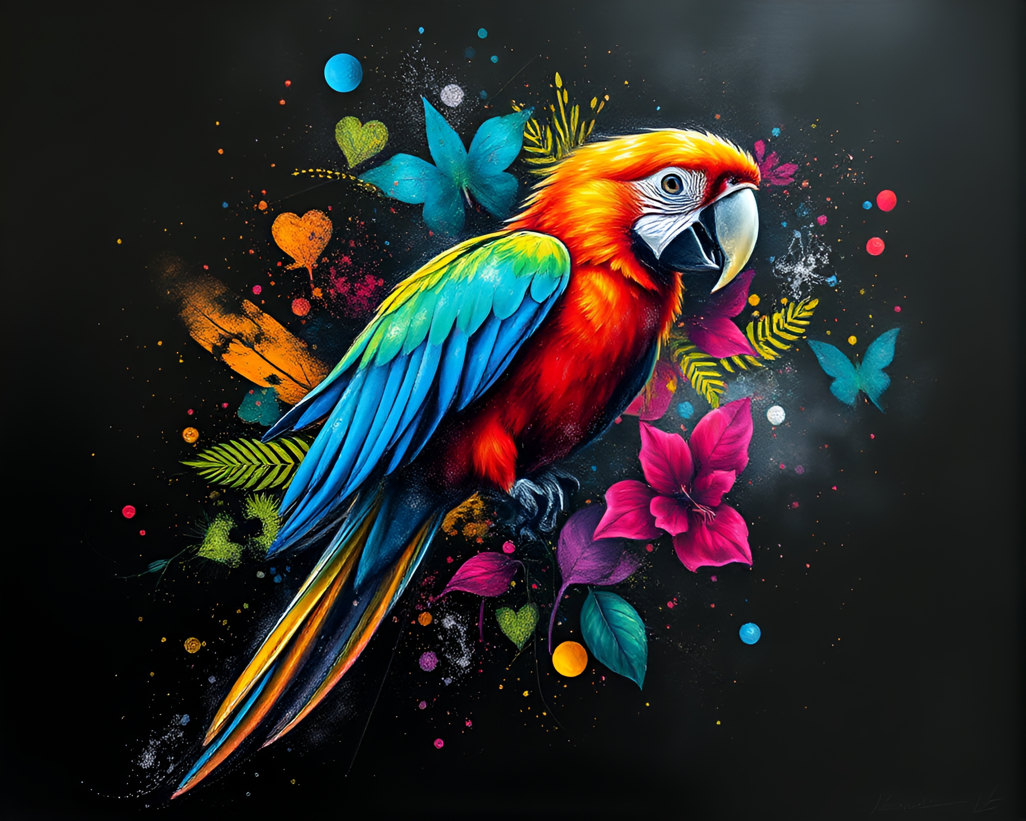 Tropical Parrot Chalk Drawing with Floating Particles – free AI stock image