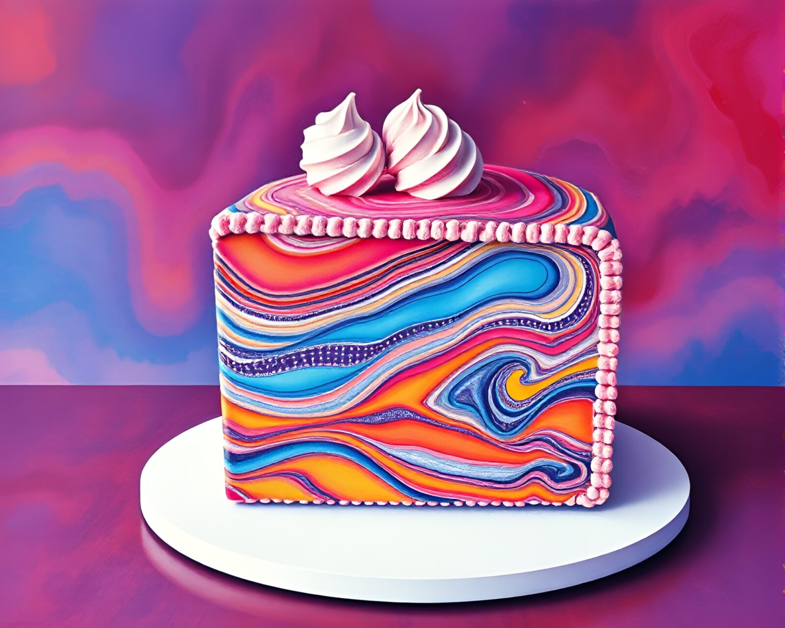 Colorful pixel art of a marbled cake under a sunset sky