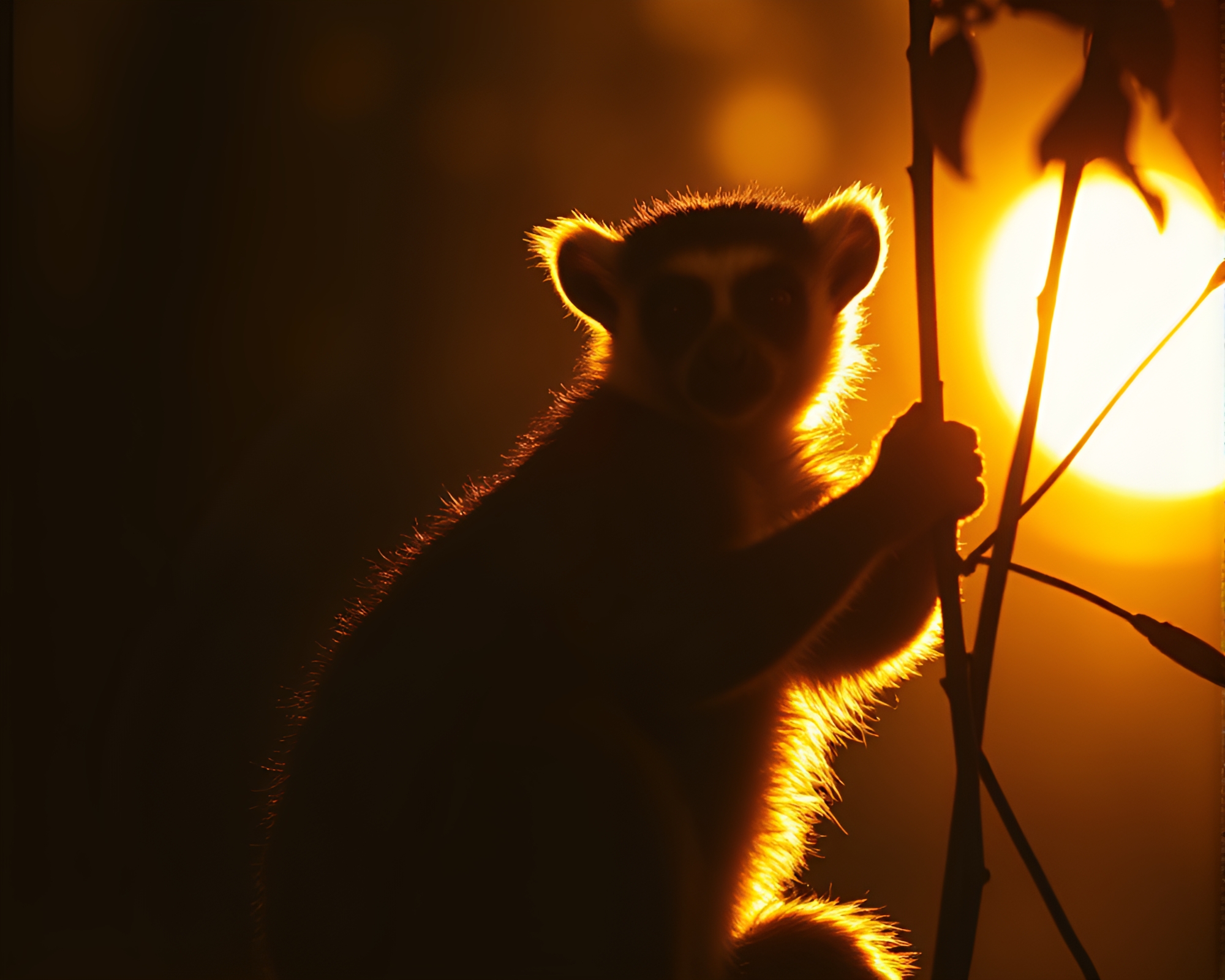 Lemur Silhouette in Retro Film Grain Backlighting – free AI stock image