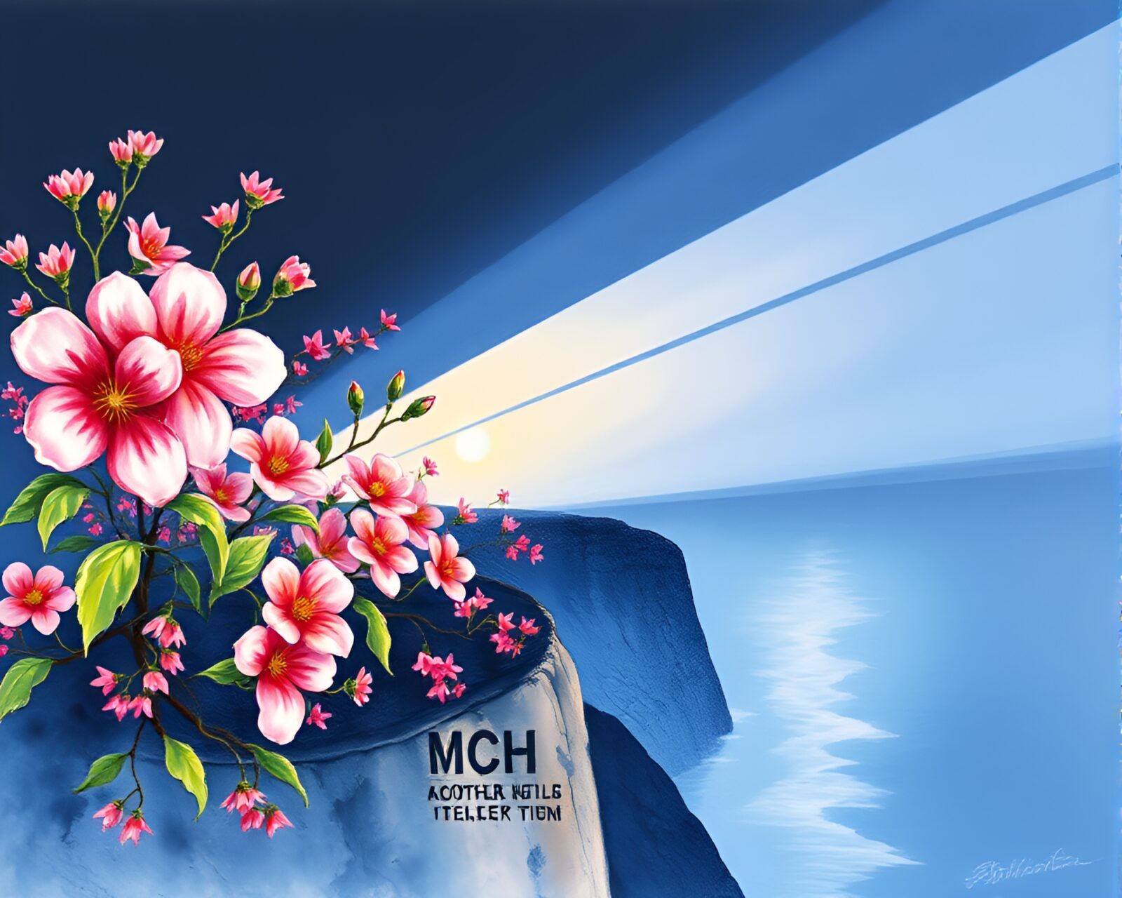 Surreal watercolor blooms in Morse code on cliffside with LED lights.