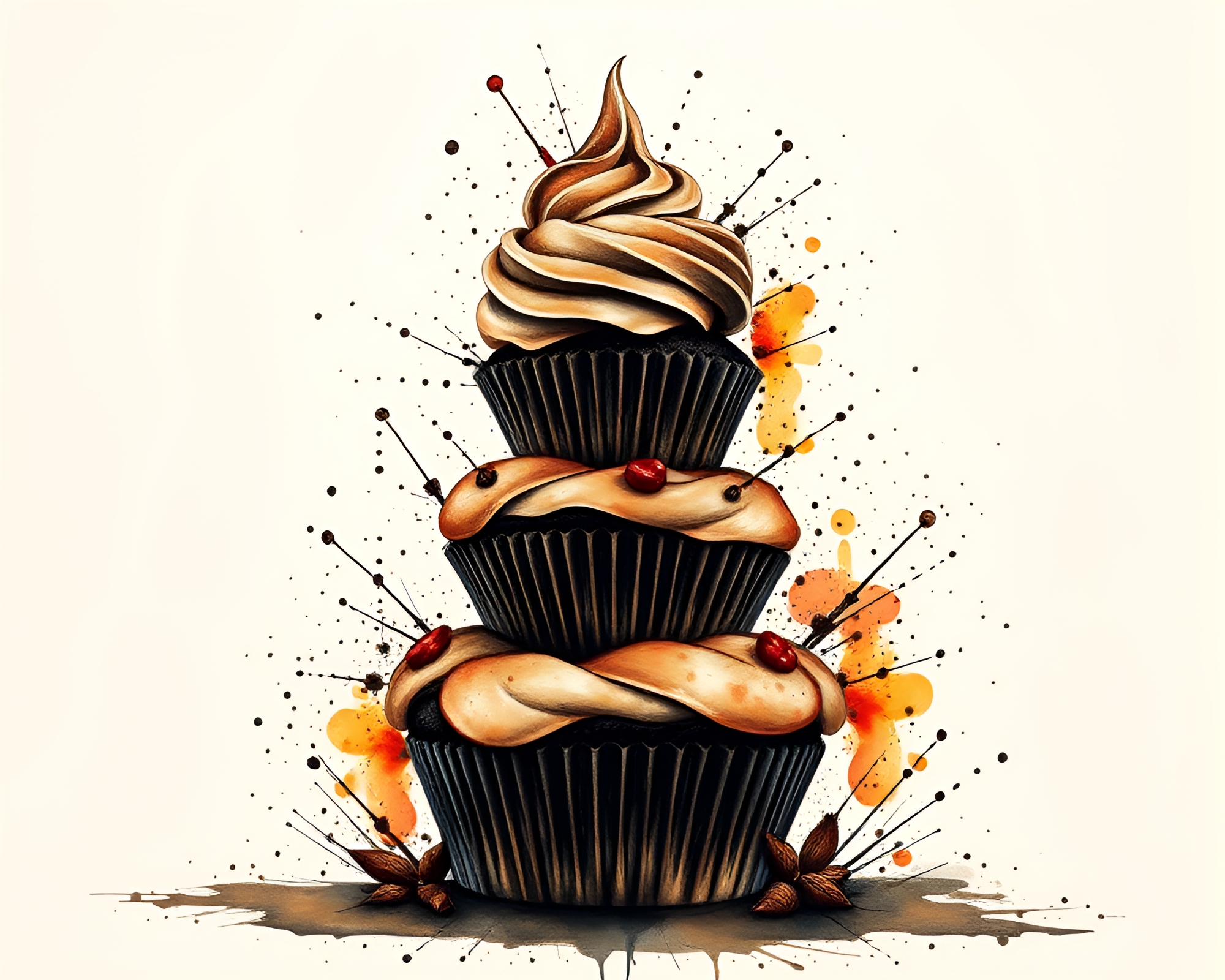 Ink Splashed Cupcake Tower with Bronze Sheen – free AI stock image