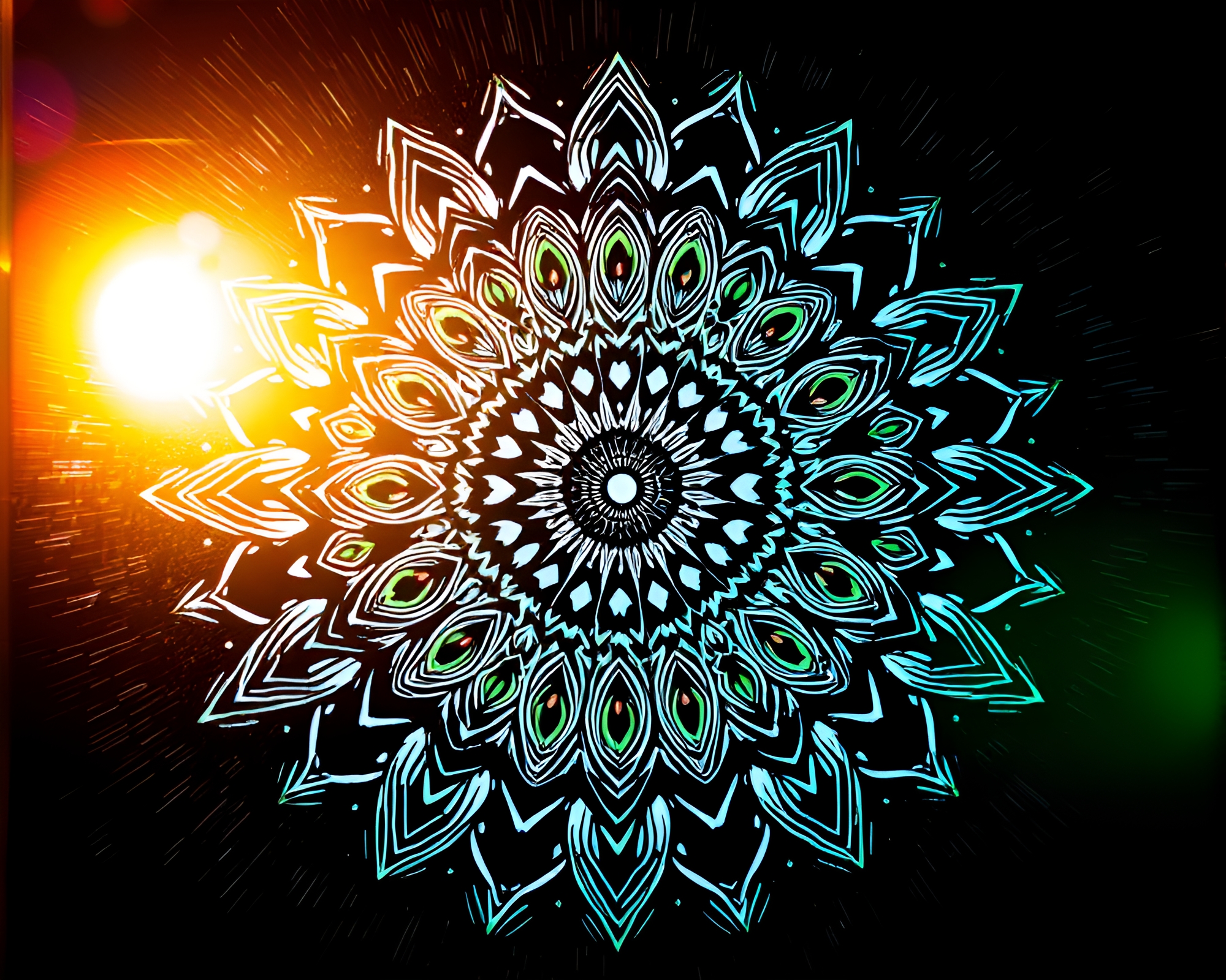 Fluorescent Crosshatch Mandala Illuminated from Worm’s Eye View – free AI stock image