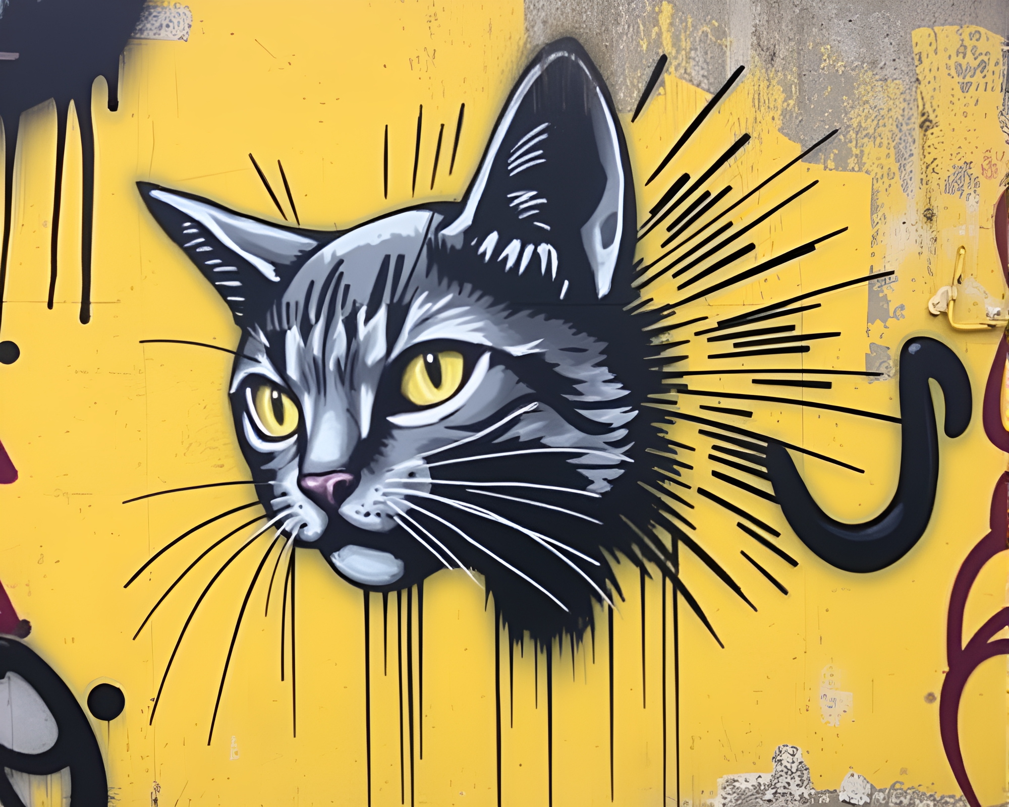 Surreal Schrodinger’s Cat Monochrome Graffiti Mural – free AI stock image