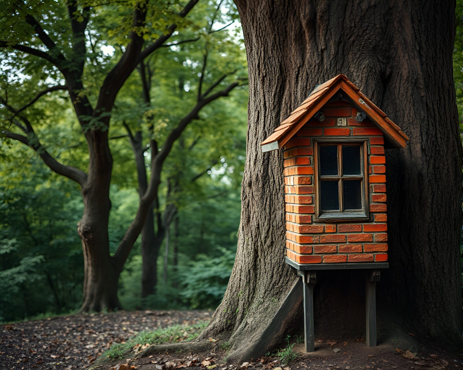 Mystical treehouse illuminated by warm red light at dusk