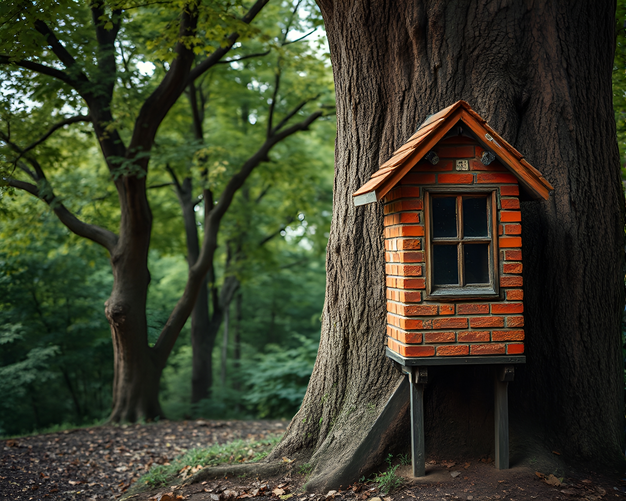 Enchanting Treehouse in Brick Red Twilight – free AI stock image