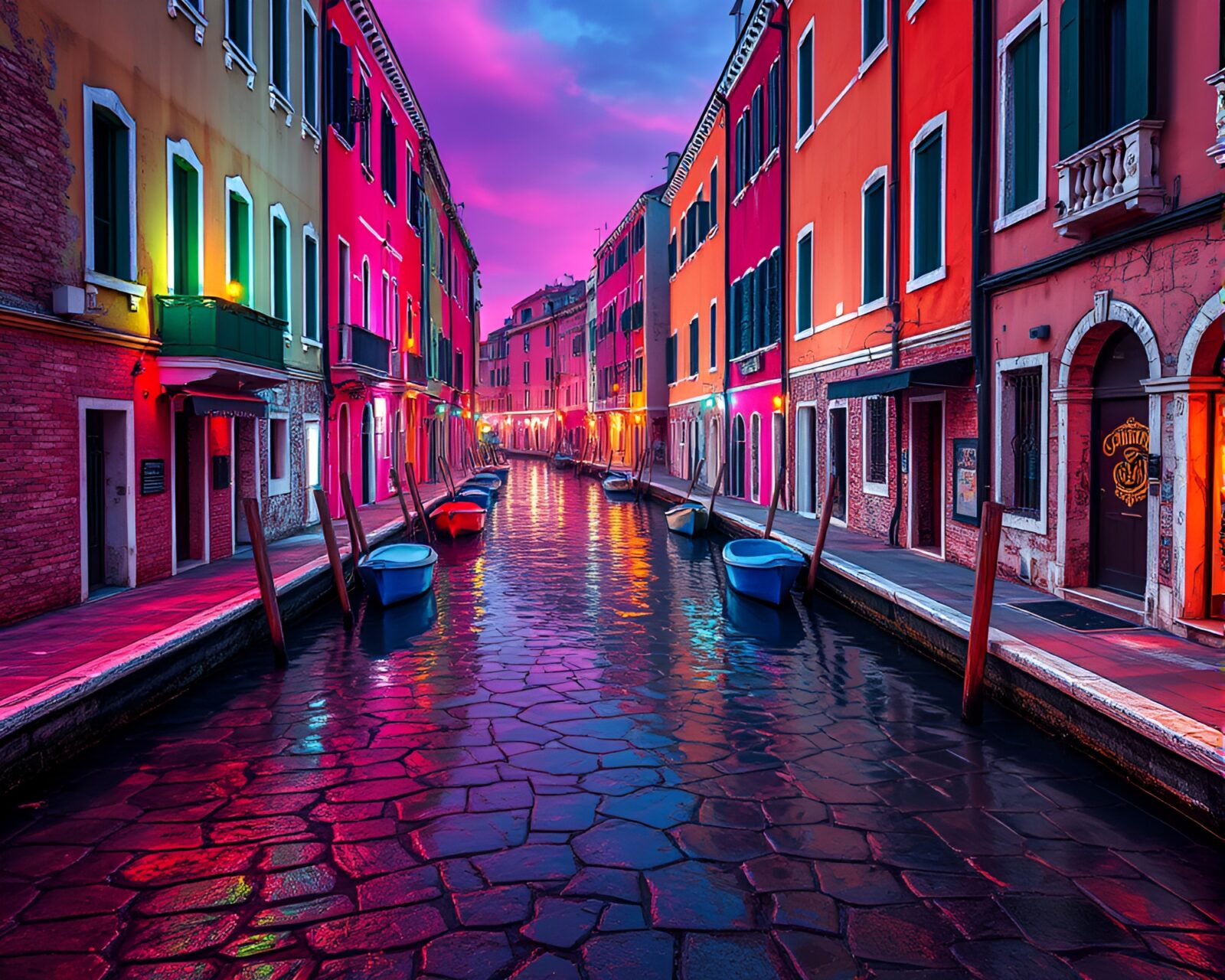 Vibrant neon Venetian canal on cracked earth surface.