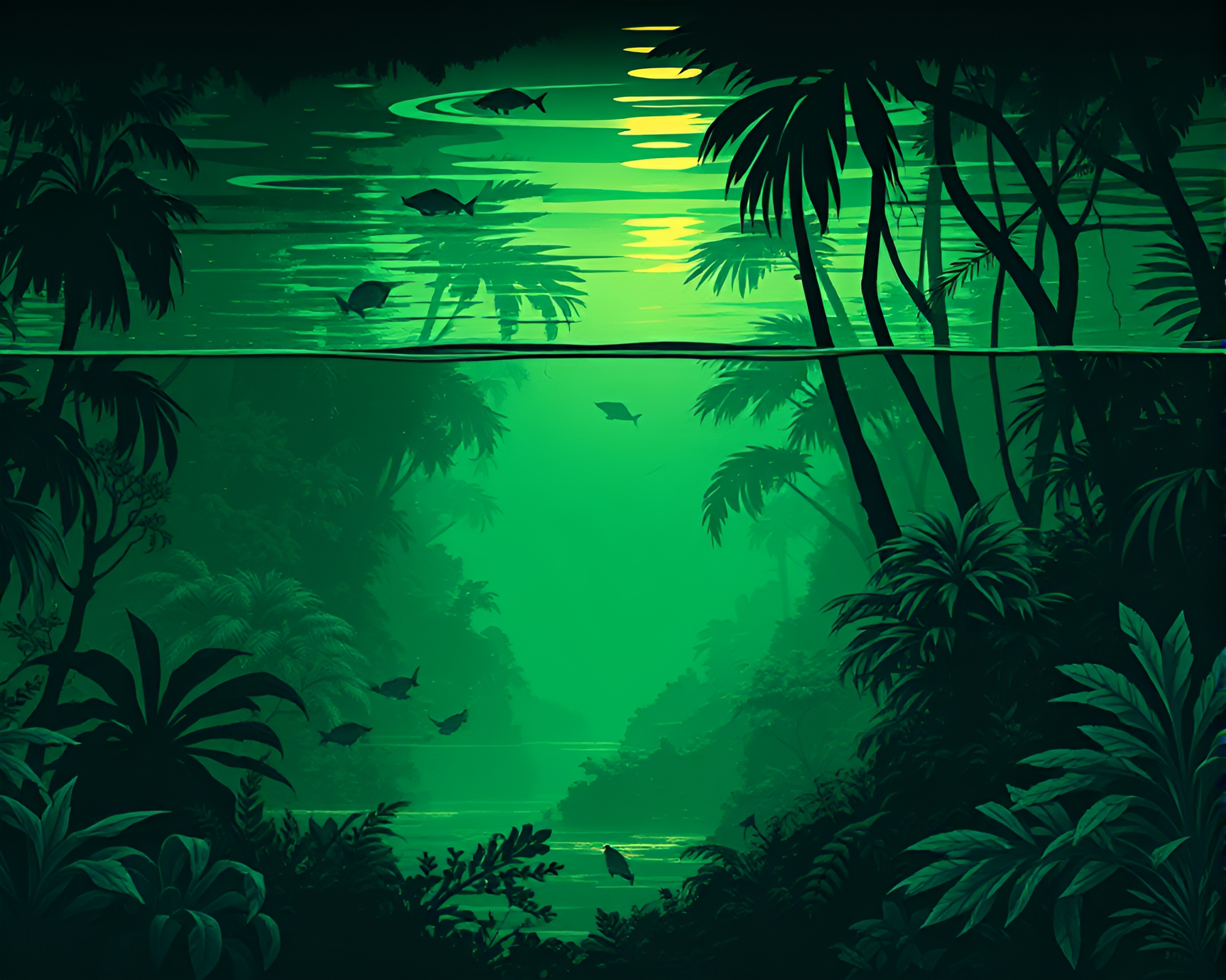 Neon Submarine Glowing in Green Rainforest Haze Woodcut Print – free AI stock image