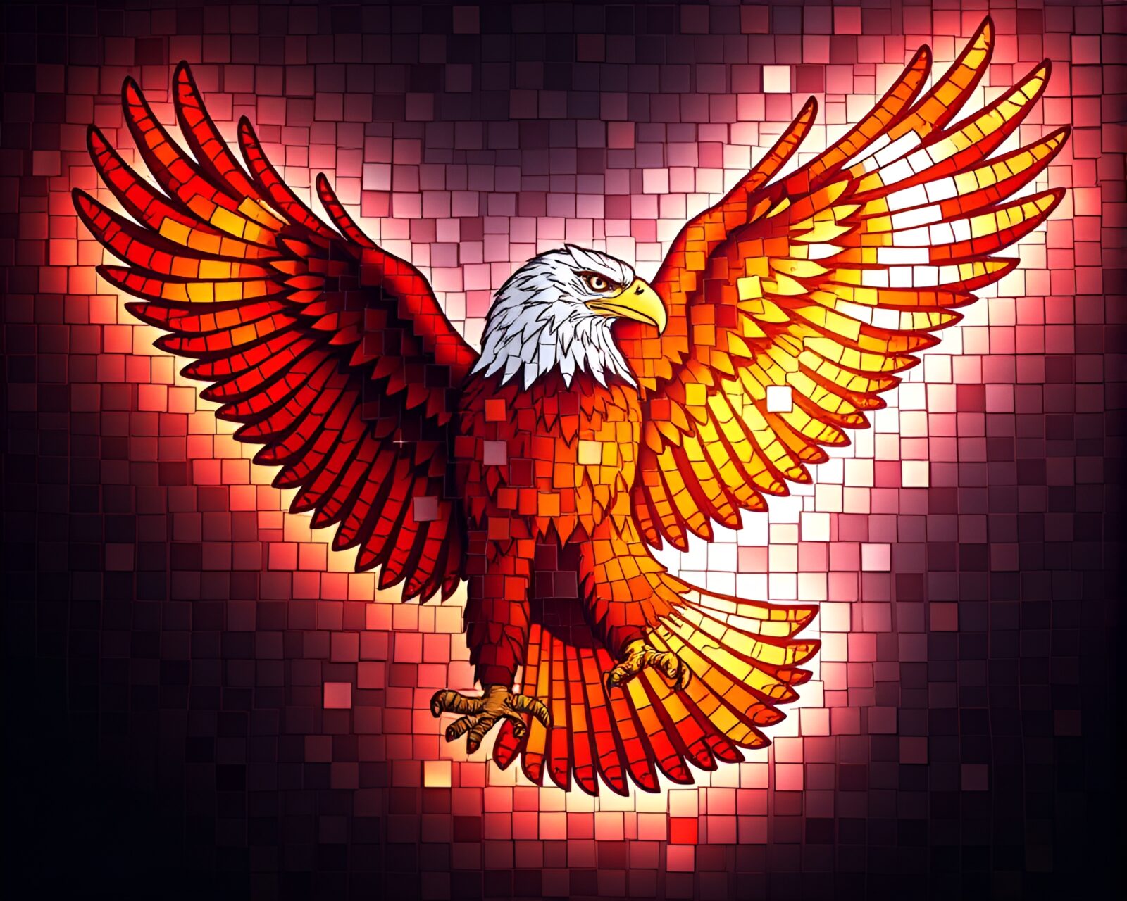Magnificent Eagle depicted in pixelated mosaic style with vignette