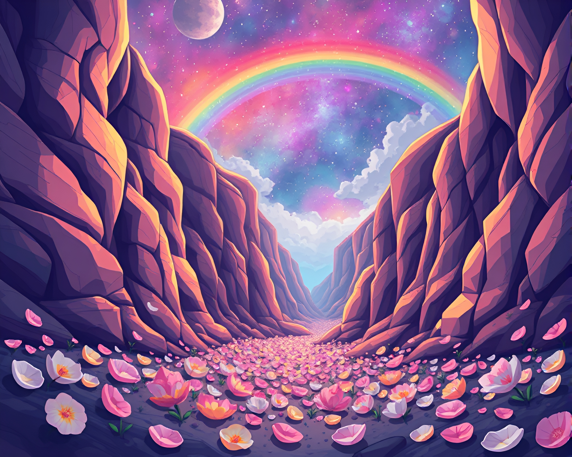 Cosmic Rainbow Over Eroded Canyon with Flower Petals – free AI stock image
