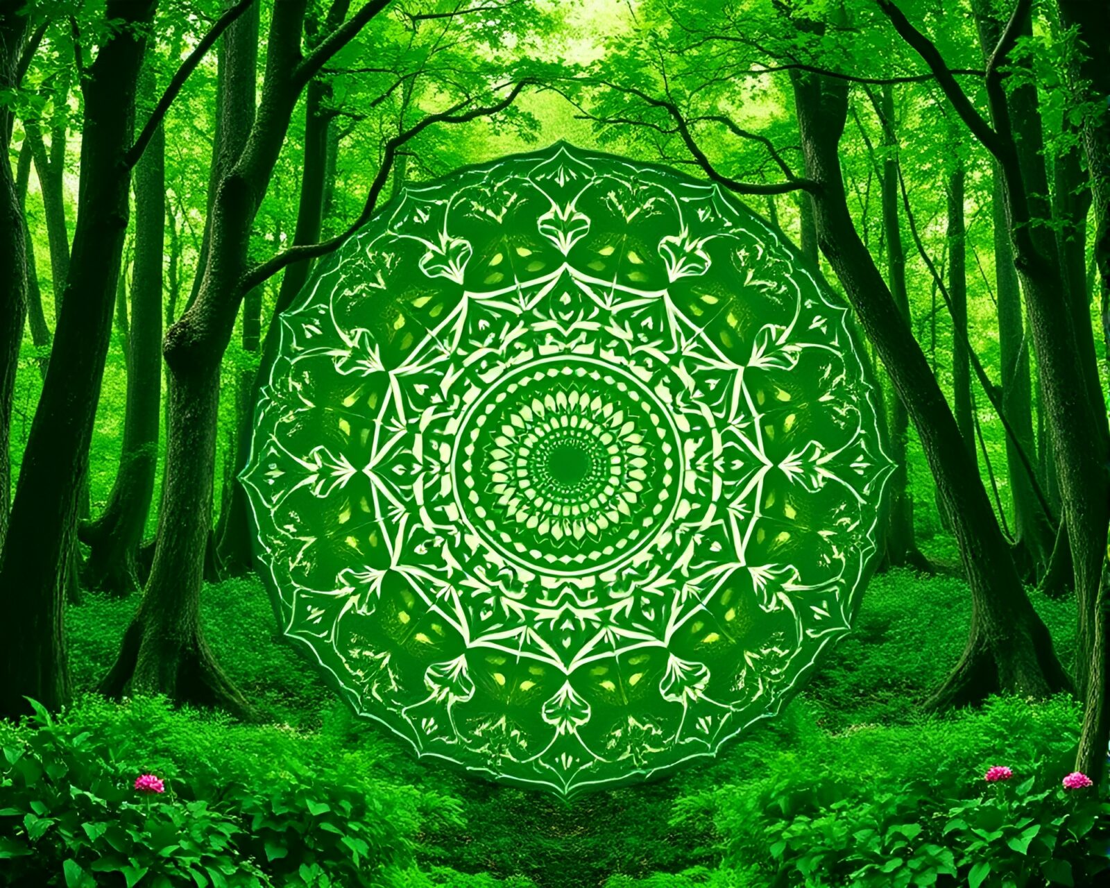 Calming zen garden with lush greenery in radial pattern.