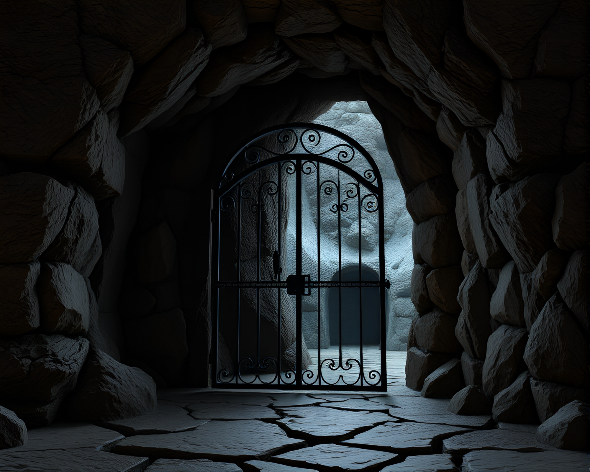 Cracked Earth Wrought Iron Gate Cave Entrance CGI – free AI stock image