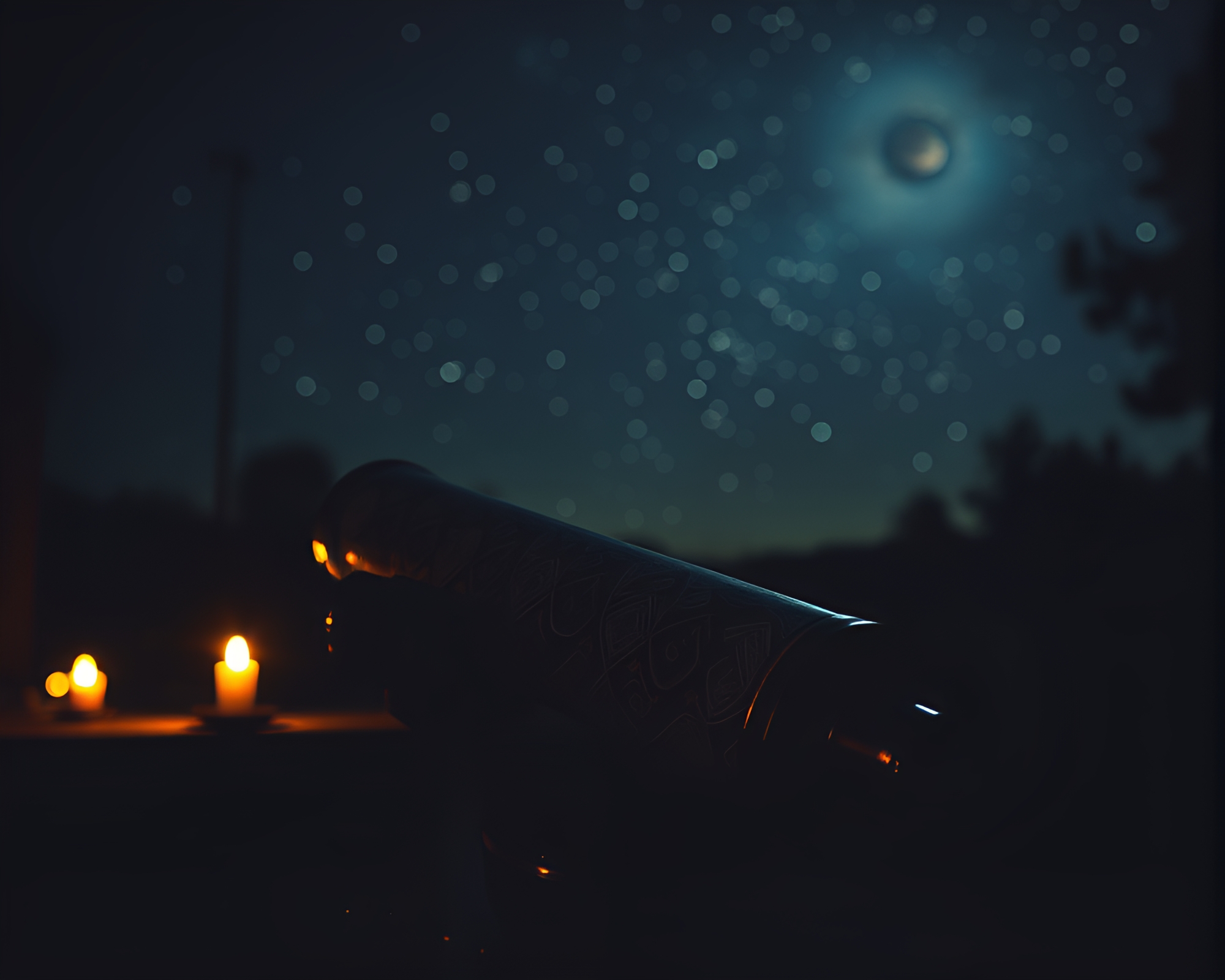 Telescope Stitched Pattern Candlelit Fantasy Scene – free AI stock image
