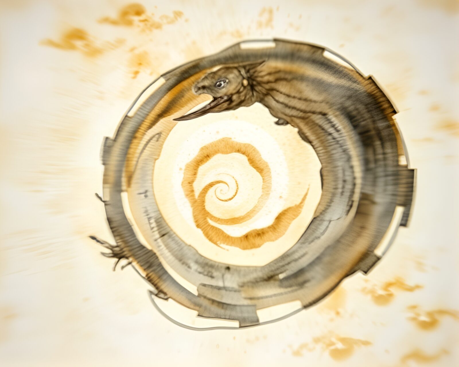 Intricate swirls in lens-distorted ivory white wildlife watercolor painting
