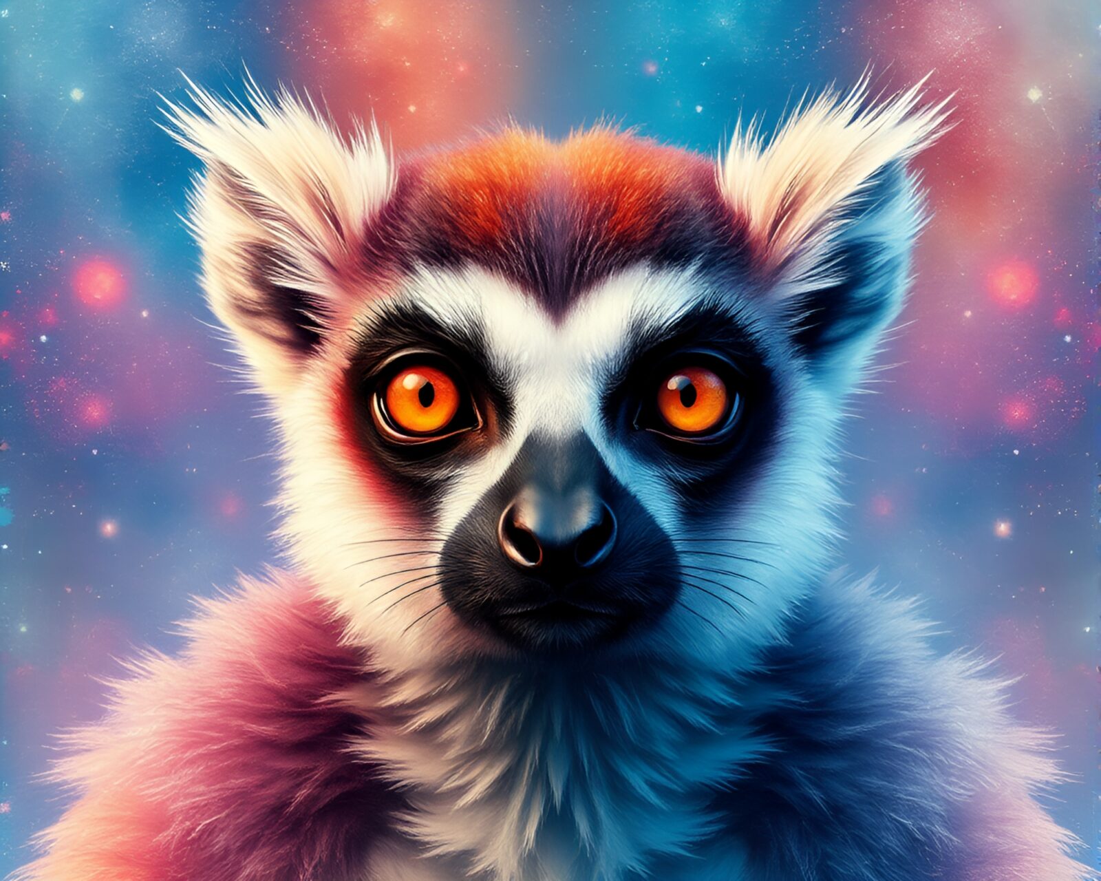 Symmetrical arrangement of lemurs in galaxy-inspired pastel colors