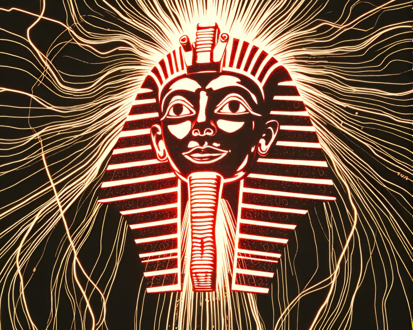 Mystical linocut print of Pharaoh's mask with glowing fractal trails